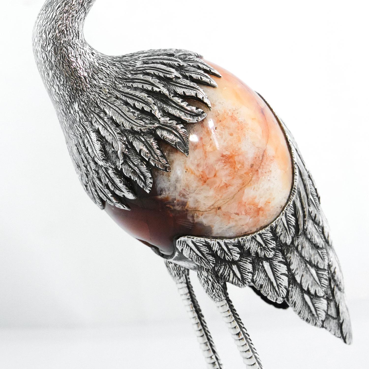 Portuguese Heron N2º by Alcino Silversmith Handcrafted in Sterling Silver with Orange Agate For Sale