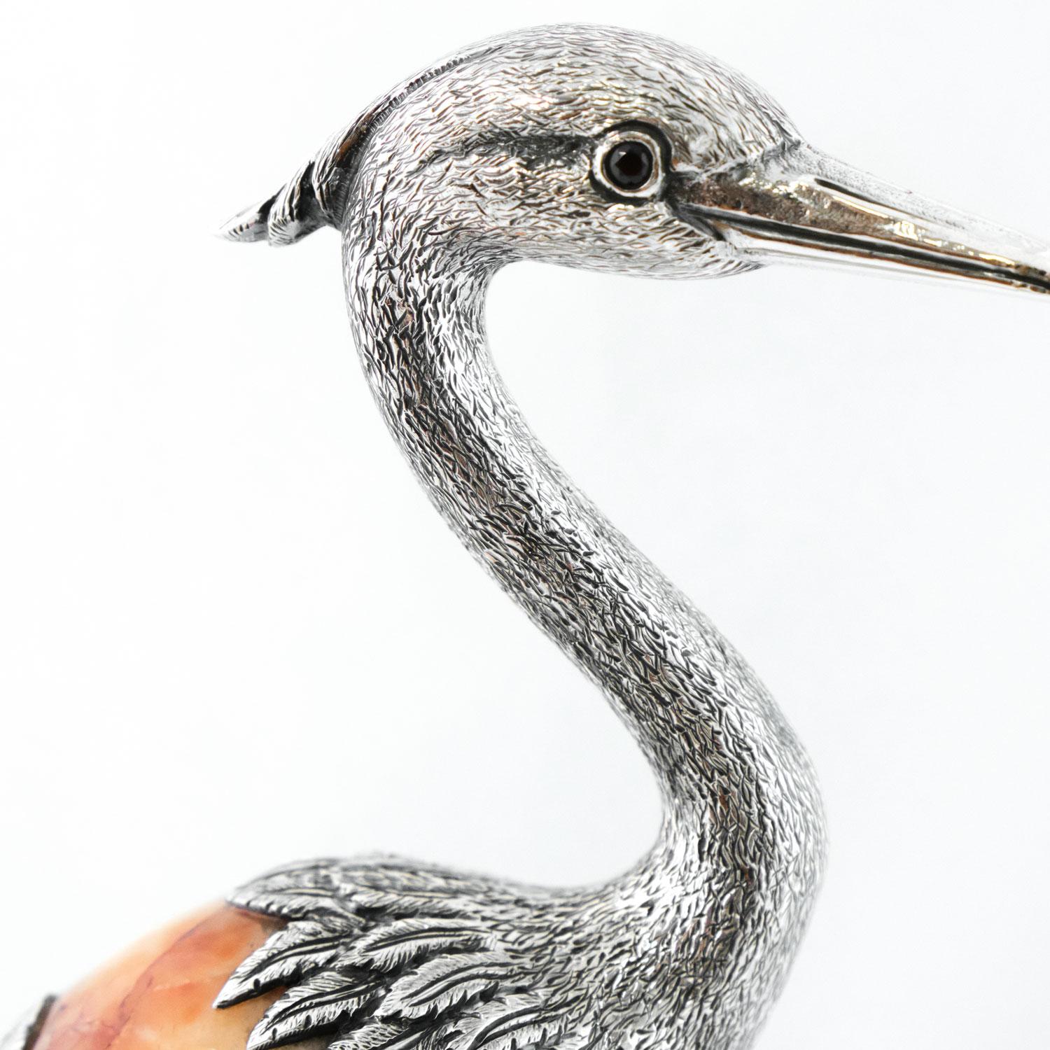 Hammered Heron N2º by Alcino Silversmith Handcrafted in Sterling Silver with Orange Agate For Sale