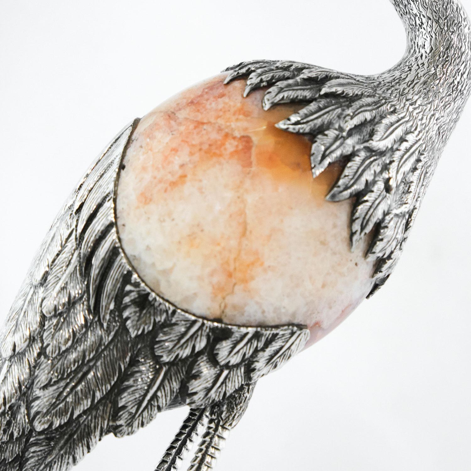 Hammered Heron N2º by Alcino Silversmith Handcrafted in Sterling Silver with Orange Agate For Sale