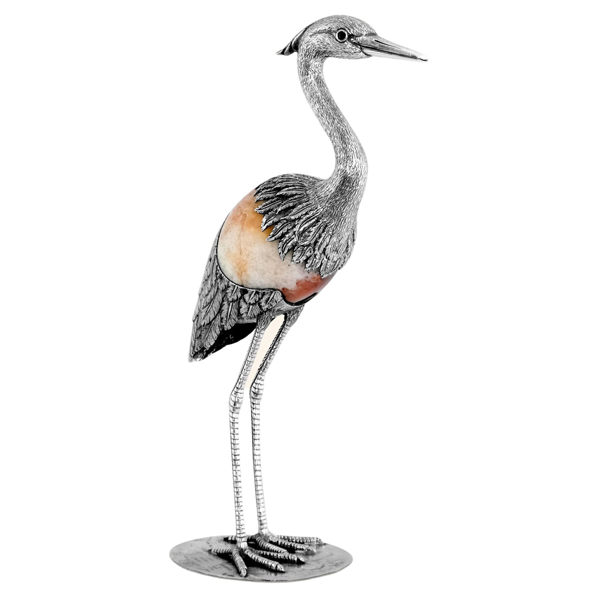 Heron N2º by Alcino Silversmith Handcrafted in Sterling Silver with Orange Agate For Sale