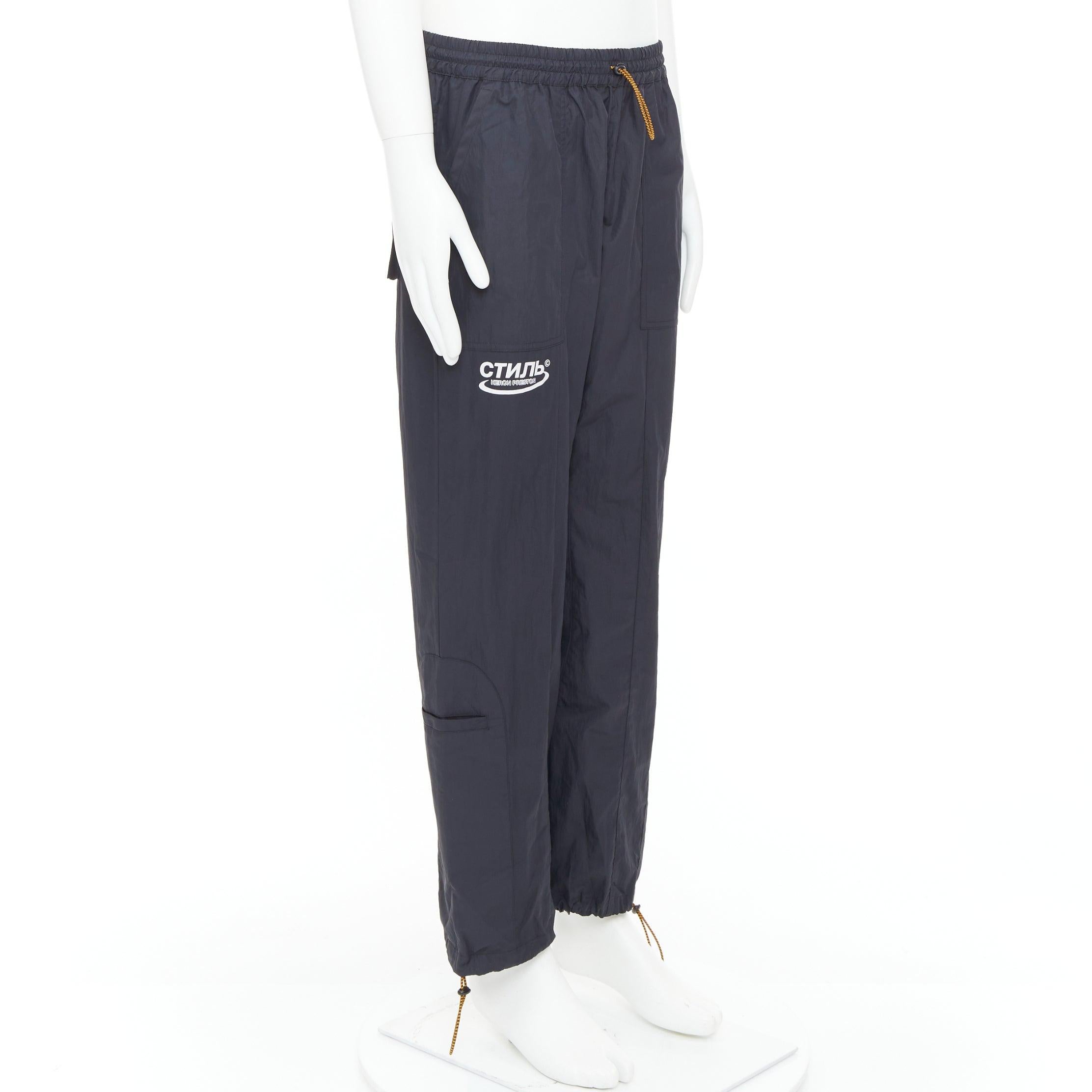 Black HERON PRESTON black orange nylon patchwork logo drawstring joggers M For Sale