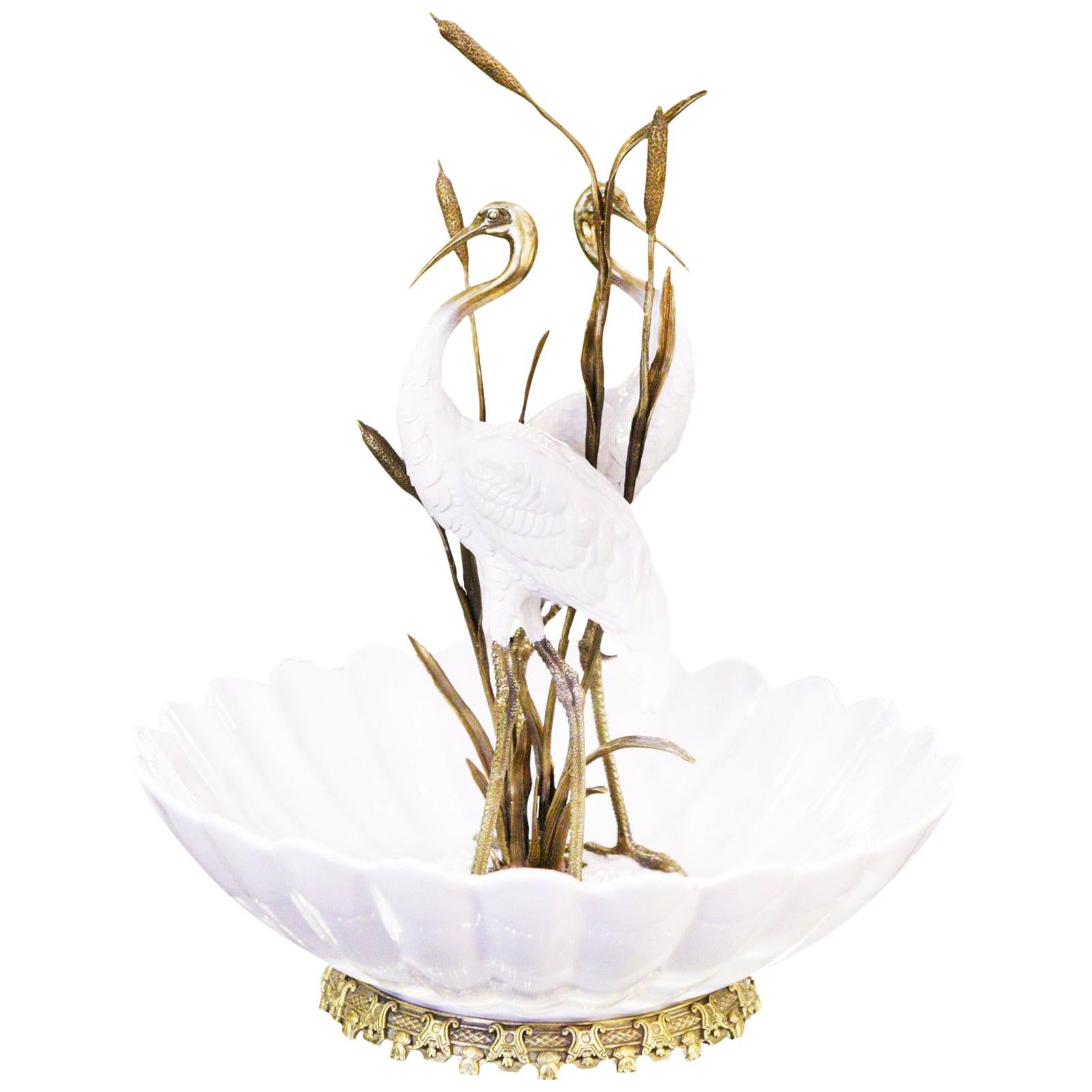 Herons Cup in Brass and White Porcelain For Sale