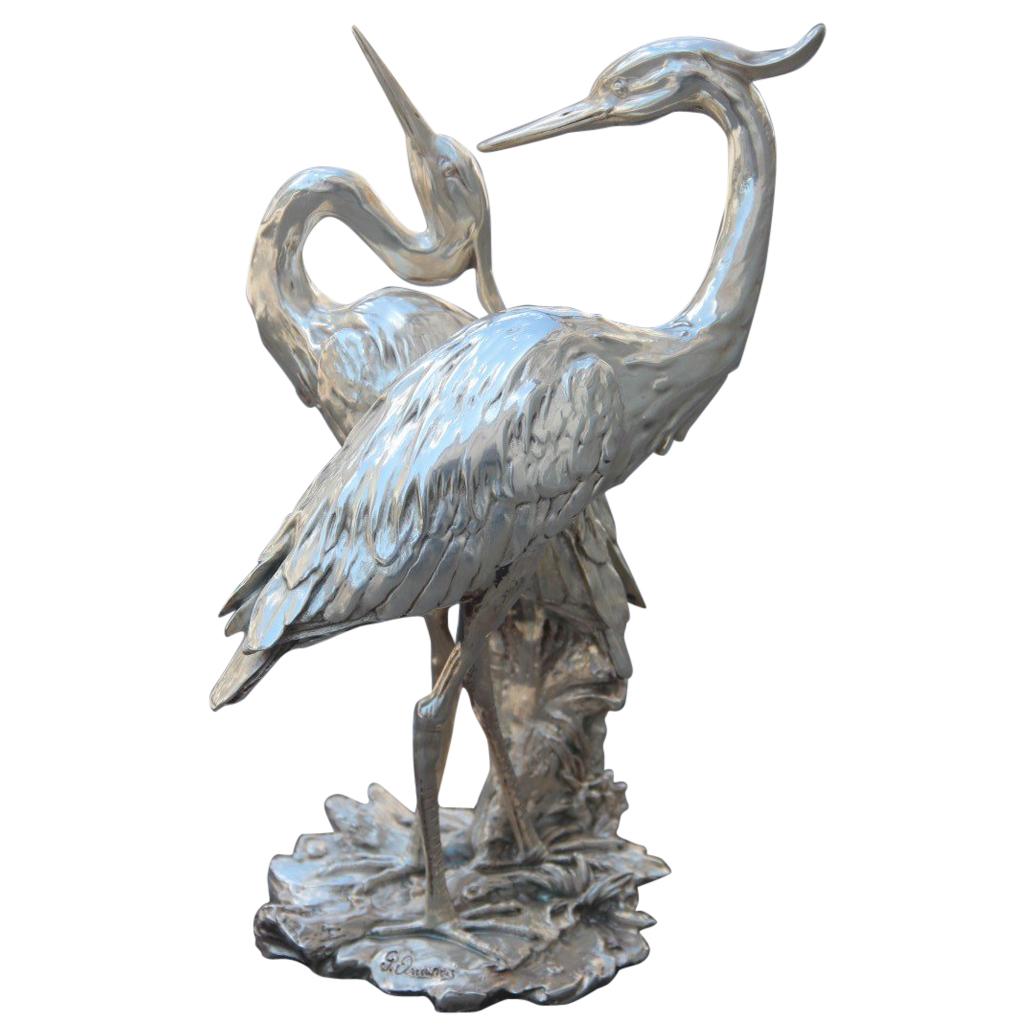 Herons Sculpture in Resin and Silver Italian Design 1970 