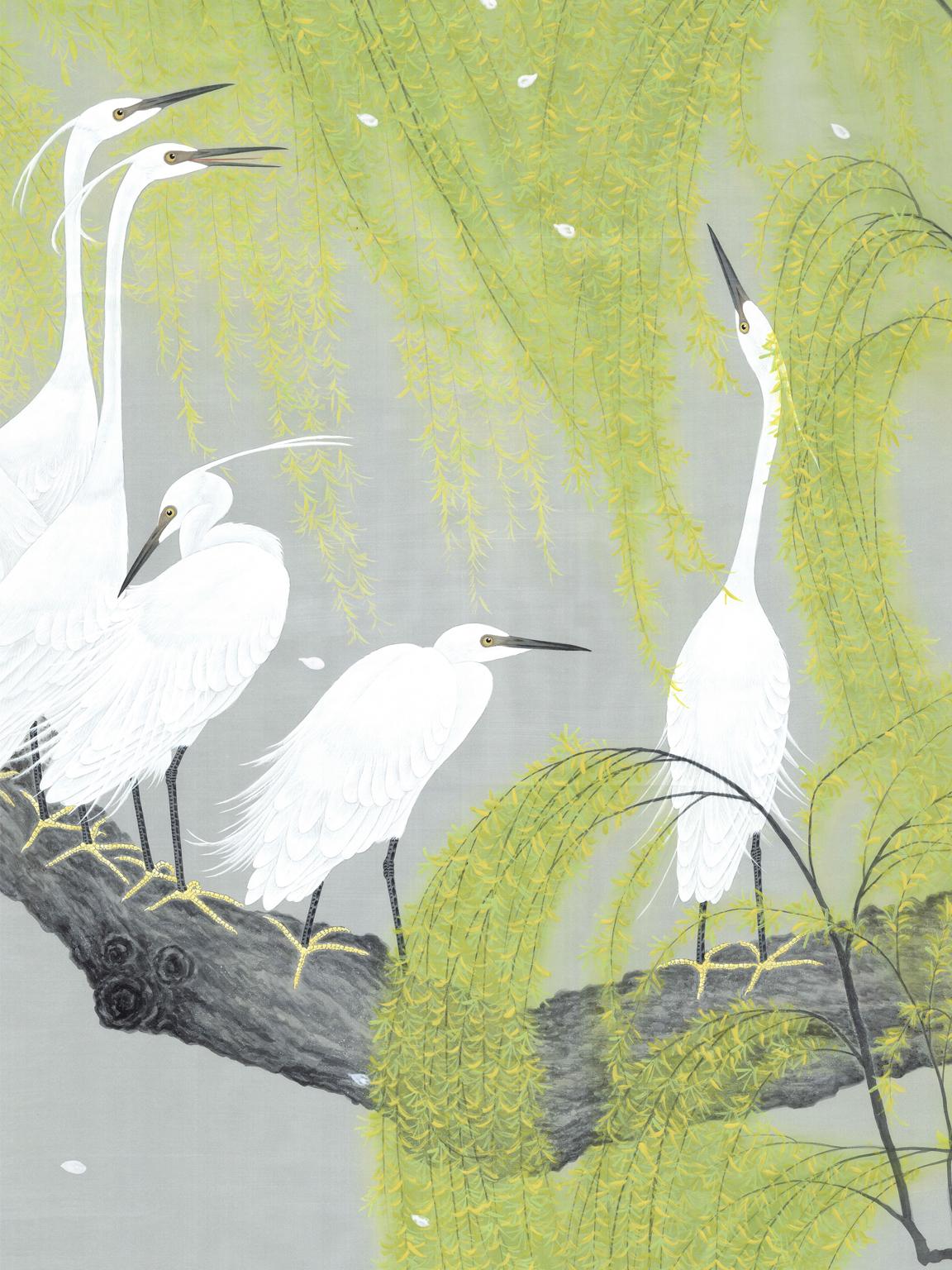 Hand painted in exquisite detail, a group of herons lounge amid the blowing willow branches. Herons and Willows is a unique mural set that is painted on a silvery pearl silk. The total mural measures 144 inches wide by 108 inches high. 
