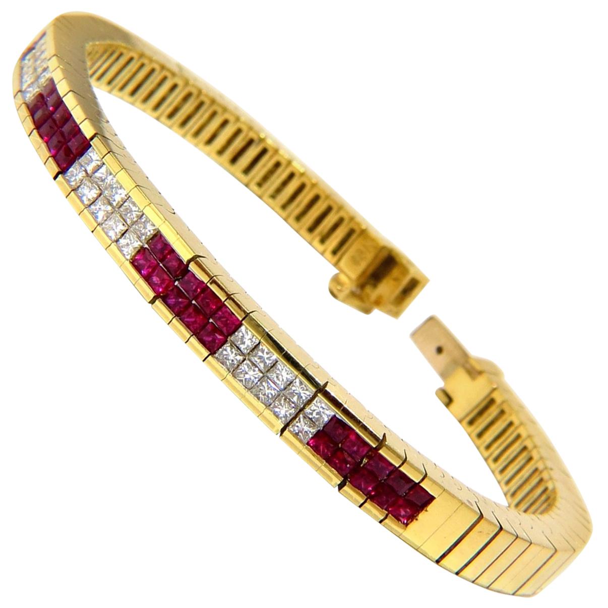 Herring Bone bracelet 18kt 3.50ct. natural ruby diamonds channel vintage deco