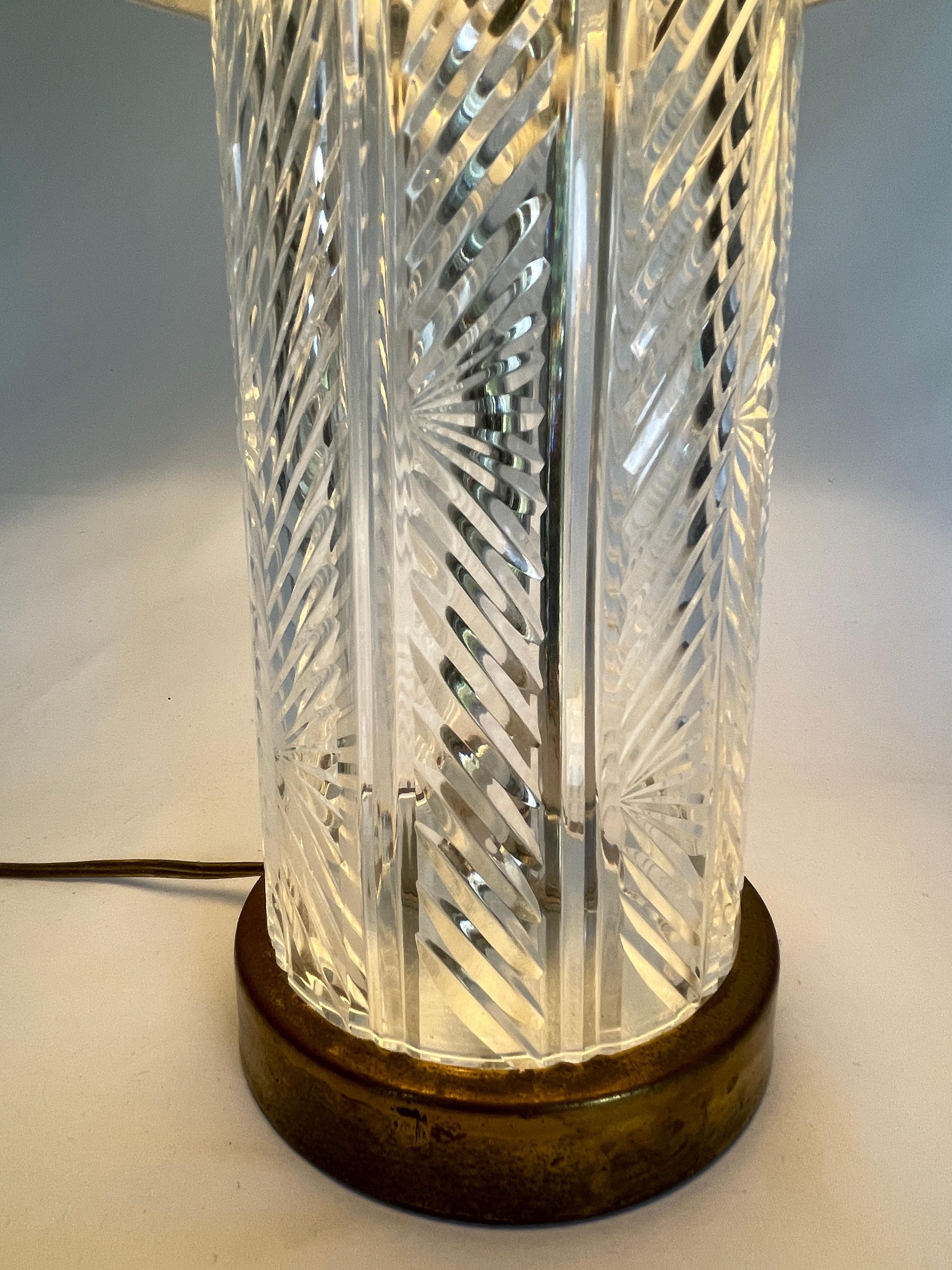 Mid-Century Modern Waterford Herringbone Cut Crystal Column Lamp  For Sale