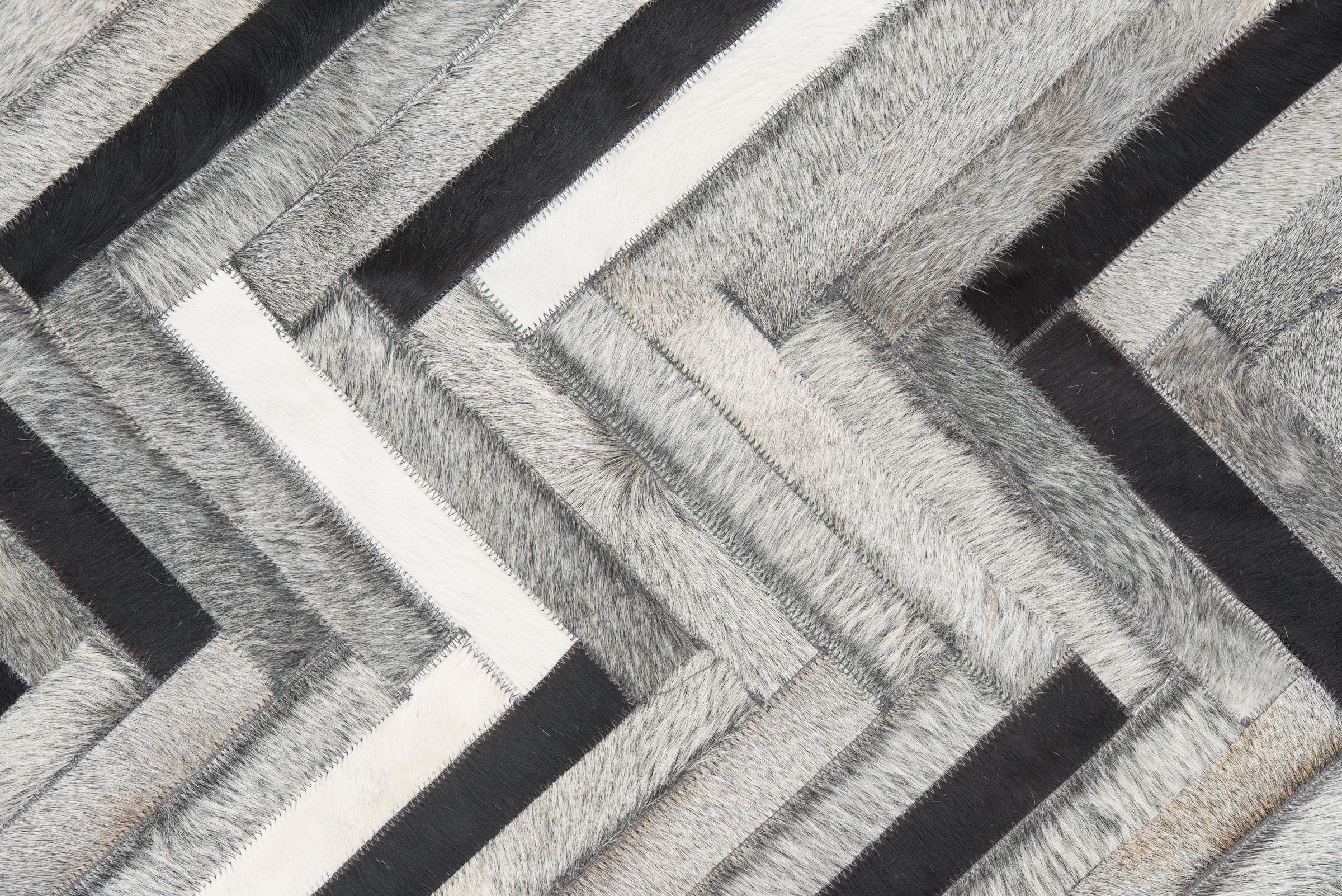 Art Deco Herringbone Gray White and Black Luxurious El Cielo Cowhide Area Floor Rug Large For Sale