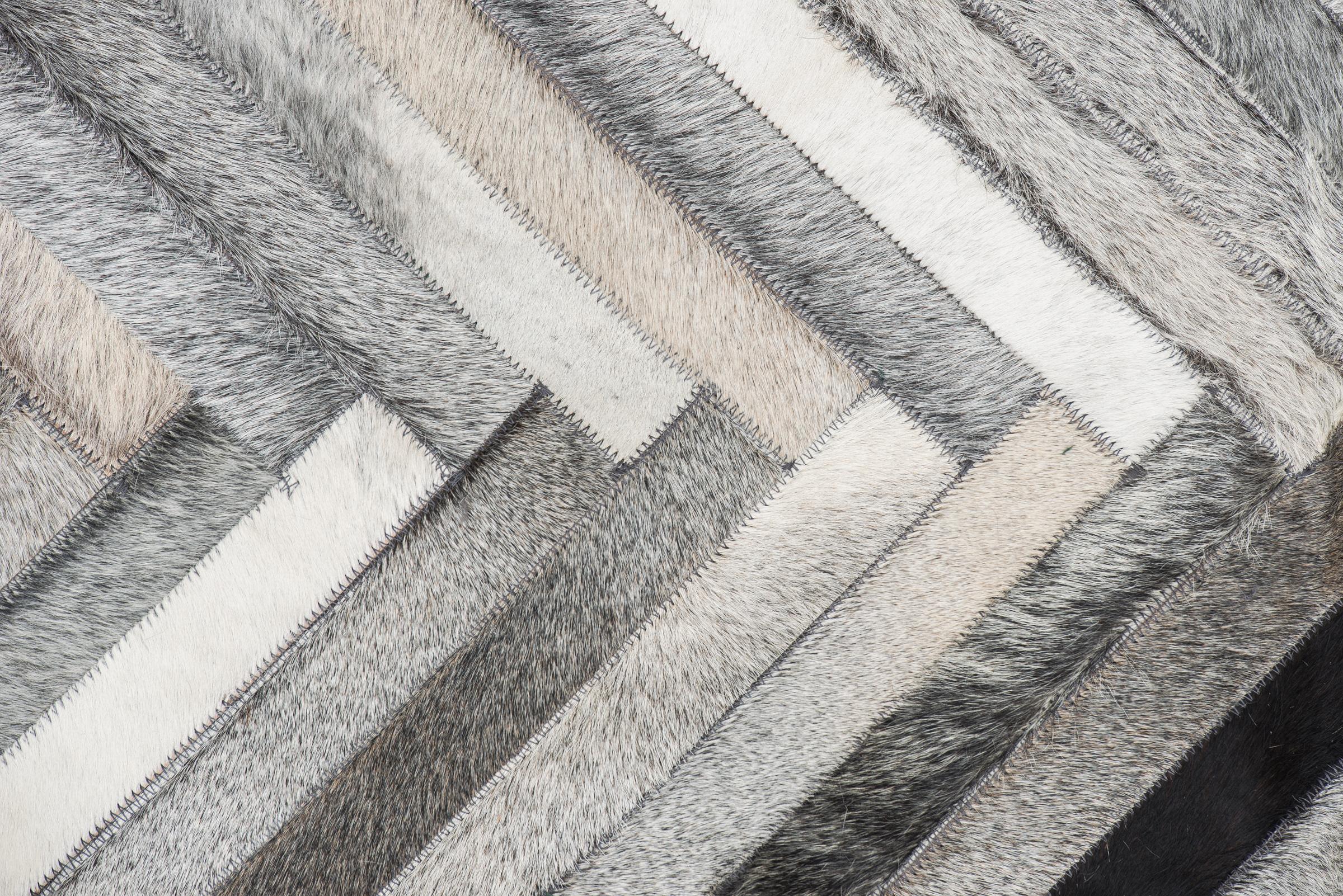 Pakistani Herringbone Gray White and Black Luxurious El Cielo Cowhide Area Floor Rug Large For Sale