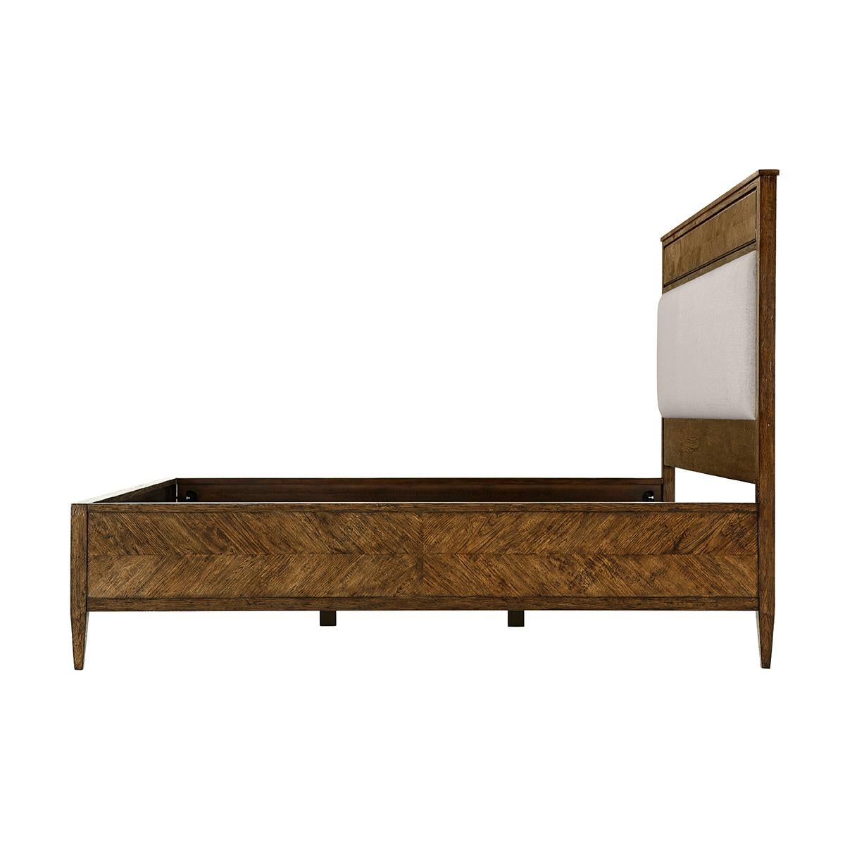 Neoclassical Herringbone Parquetry King Bed, Dark Oak