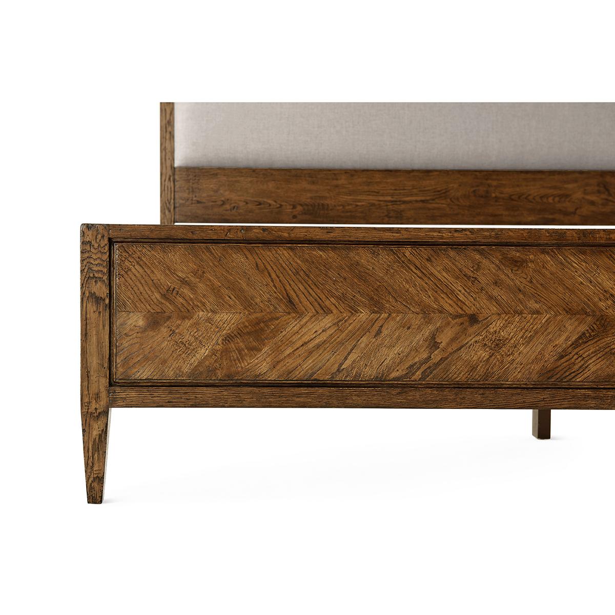 Contemporary Herringbone Parquetry King Bed, Dark Oak