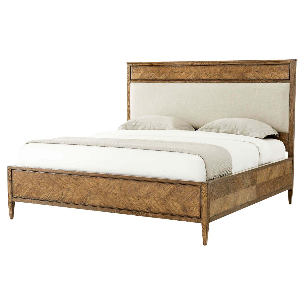 Herringbone Parquetry King Bed, Light Oak For Sale