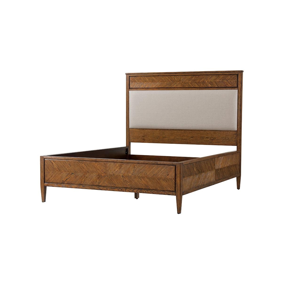Neoclassical Herringbone Parquetry Queen Bed, Dark Oak For Sale