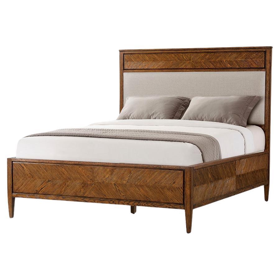 Cama de matrimonio con parquet en espiga, roble oscuro
