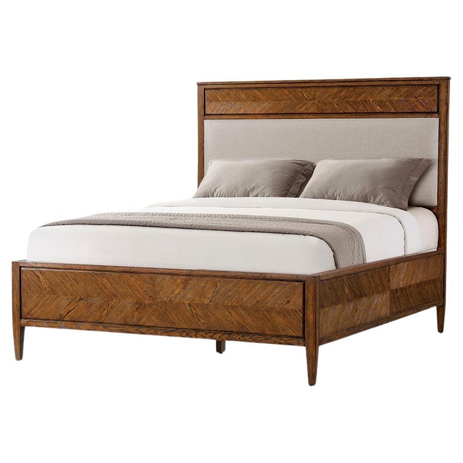 Herringbone Parquetry Queen Bed, Dark Oak