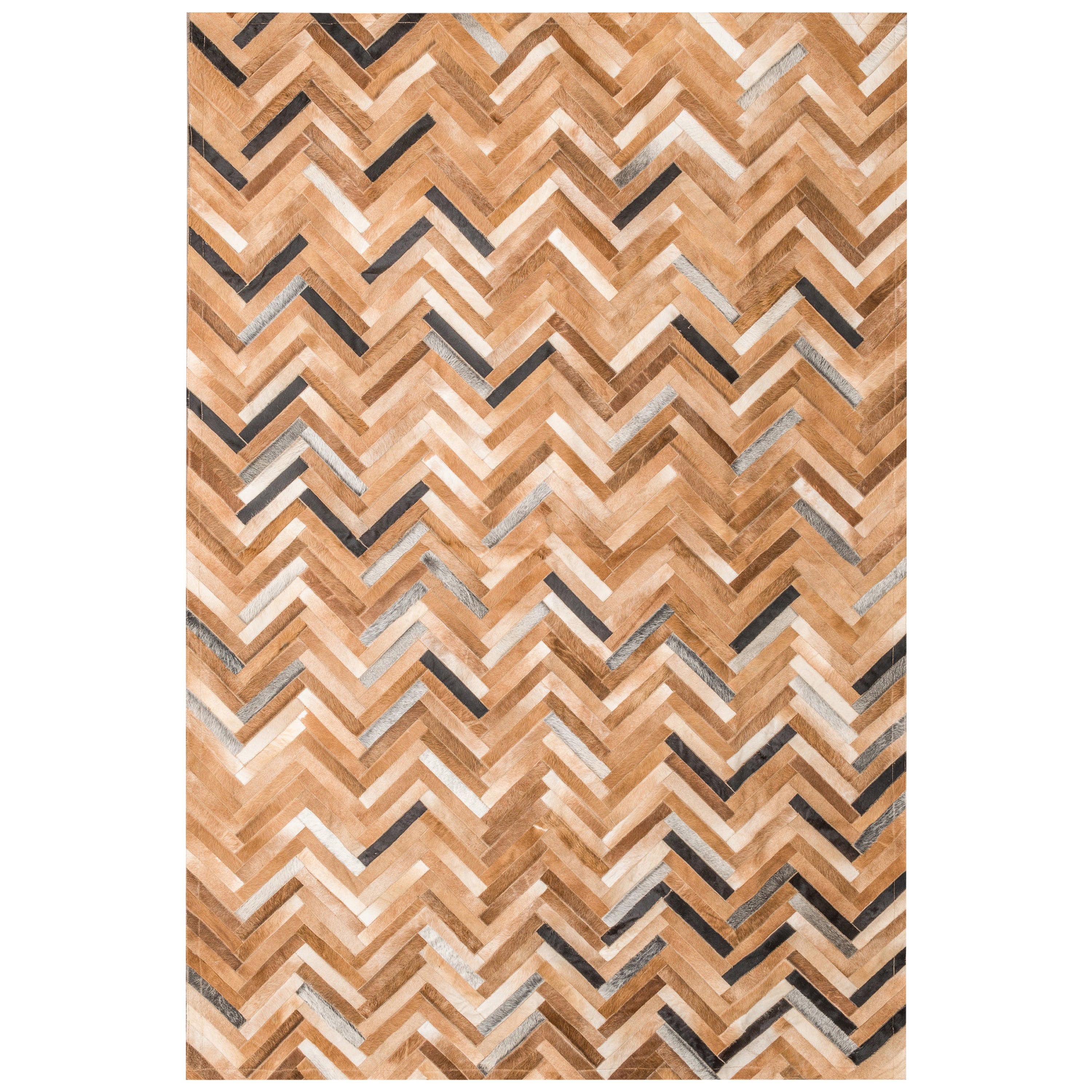 Herringbone Pattern Brown and White De Los Bosques Cowhide Area Floor Rug Large 