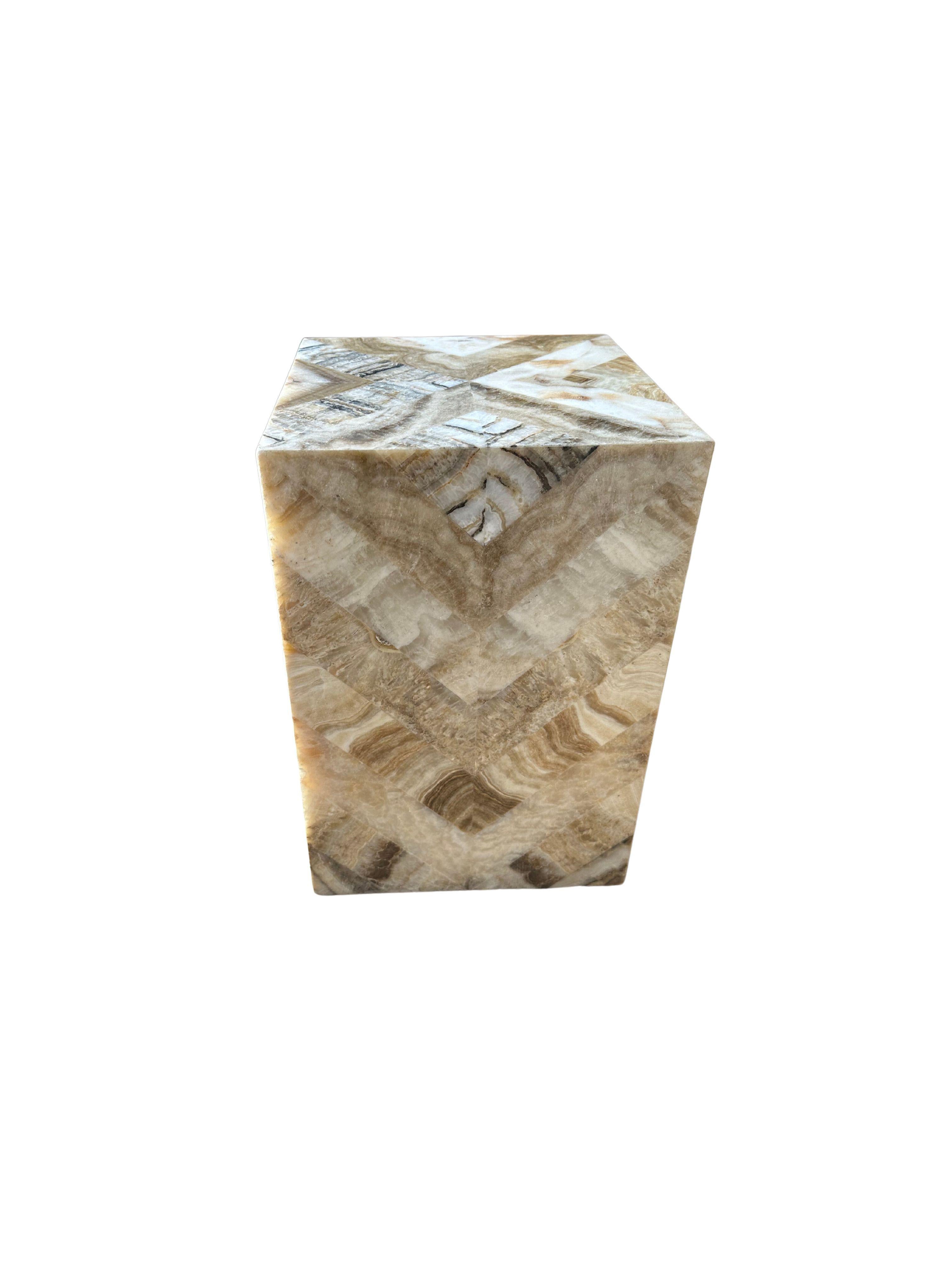 Hand-Crafted Herringbone Patterned Marble Side Table, Modern For Sale