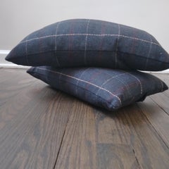 Herringbone Plaid Wool-blend Lumbar Pillows in Navy Blue - a pair