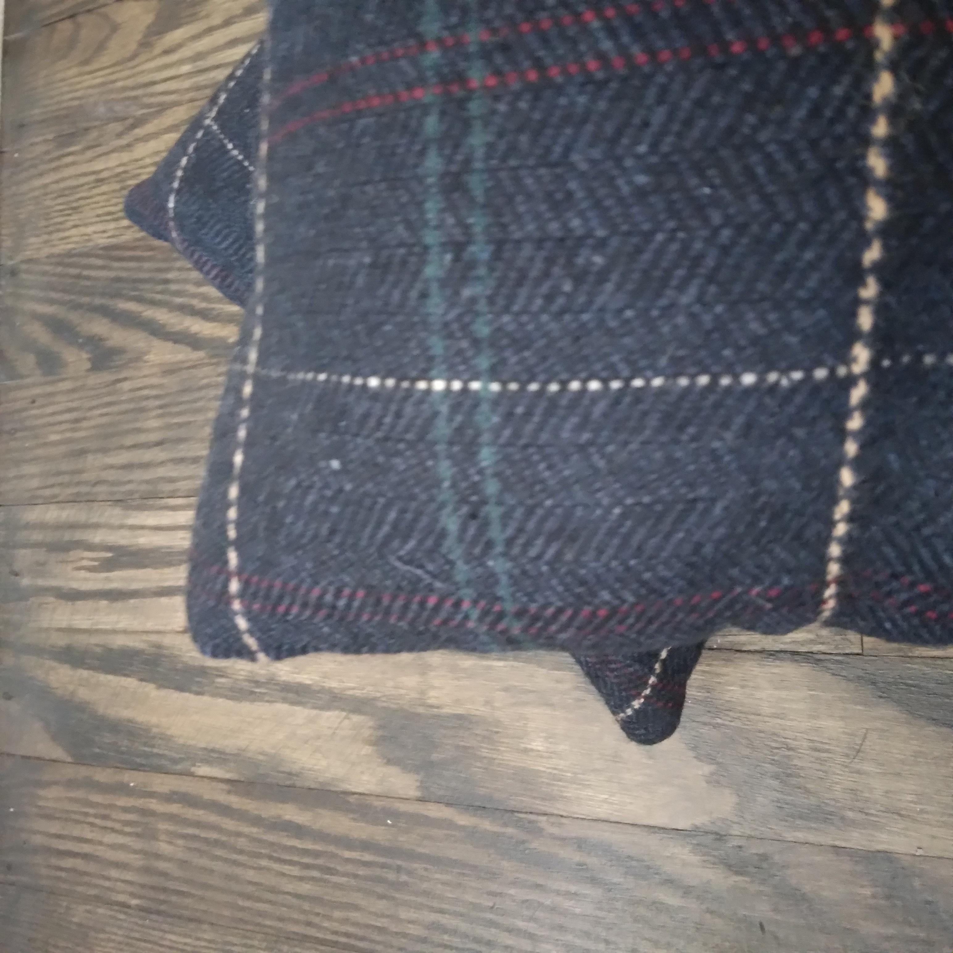 Country Herringbone Plaid Wool-blend Lumbar Pillows in Navy Blue - a pair  For Sale