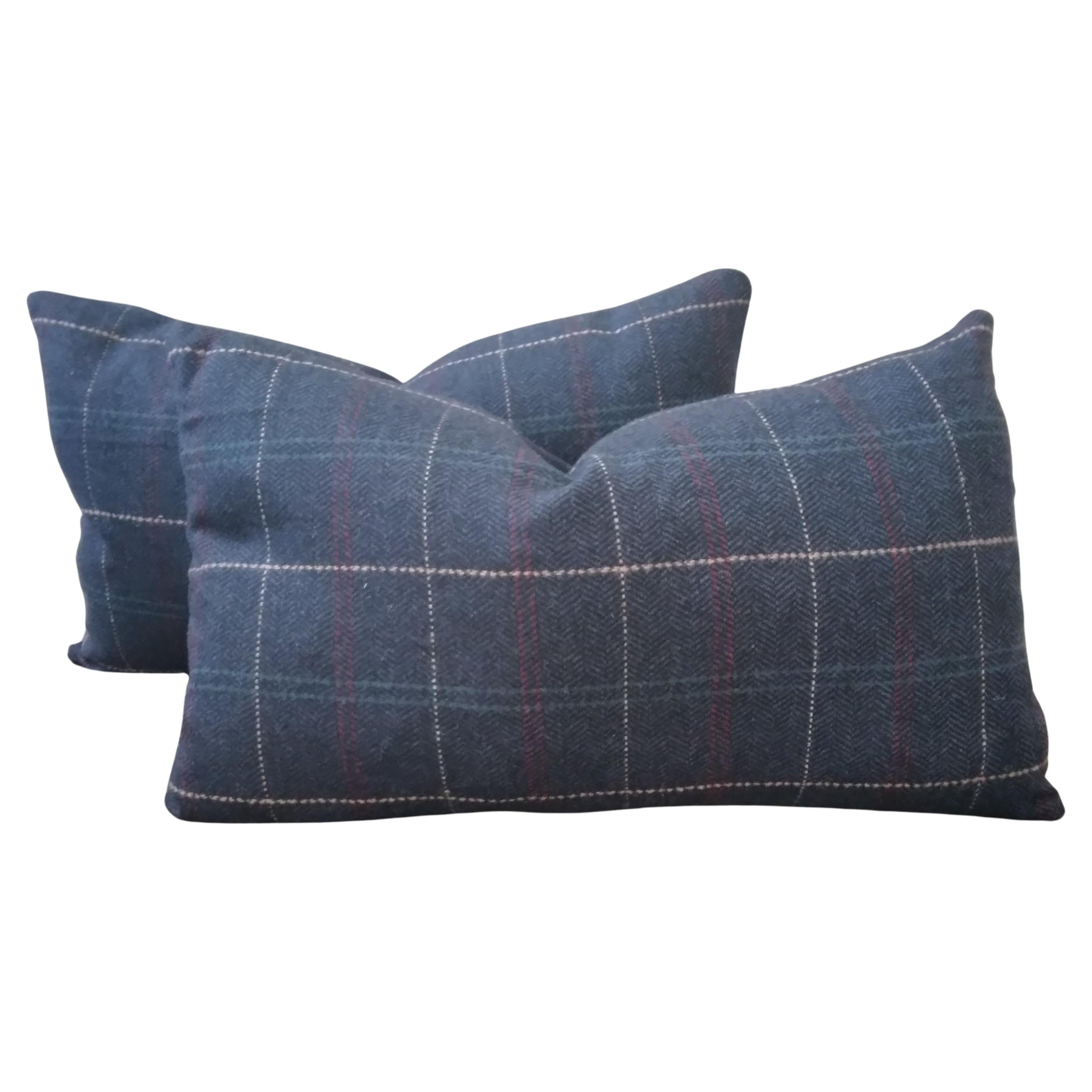 Herringbone Plaid Wool-blend Lumbar Pillows in Navy Blue - a pair  For Sale