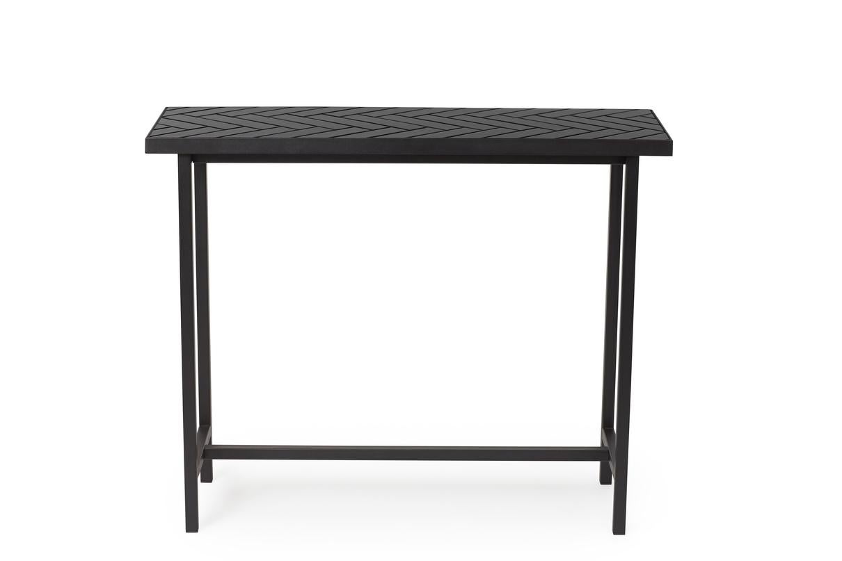 Herringbone tile console table black tiles black steel by Warm Nordic
Dimensions: D100 x W35 x H80 cm
Material: Ceramic tiles, MDF, Powder coated steel
Weight: 20 kg
Also available in different finishes and dimensions. 

Exclusive console table with