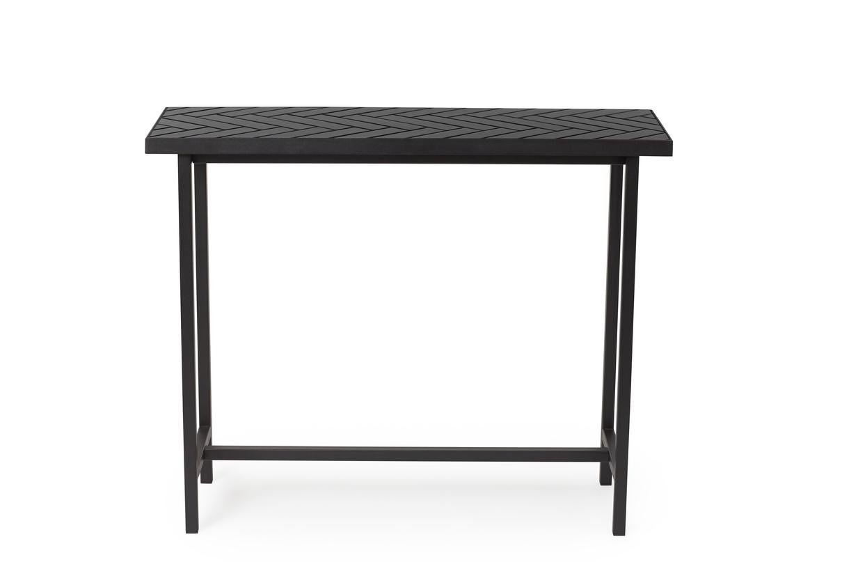 Herringbone tile console table black tiles black steel by Warm Nordic
Dimensions: D100 x W35 x H80 cm
Material: Ceramic tiles, MDF, Powder coated steel
Weight: 20 kg
Also available in different finishes and dimensions. 

Exclusive console