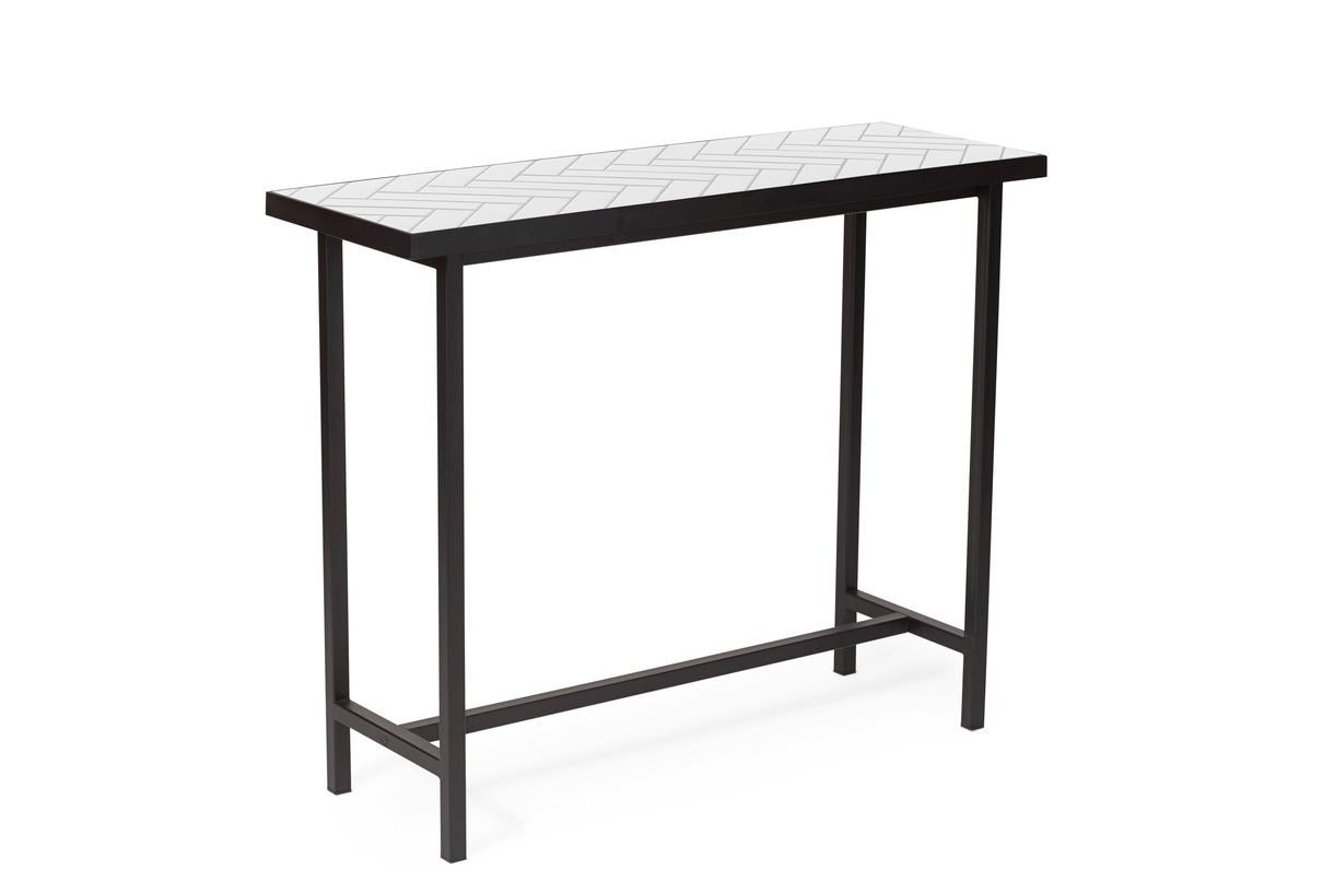 Post-Modern Herringbone Tile Console Table White Tiles Black Steel by Warm Nordic