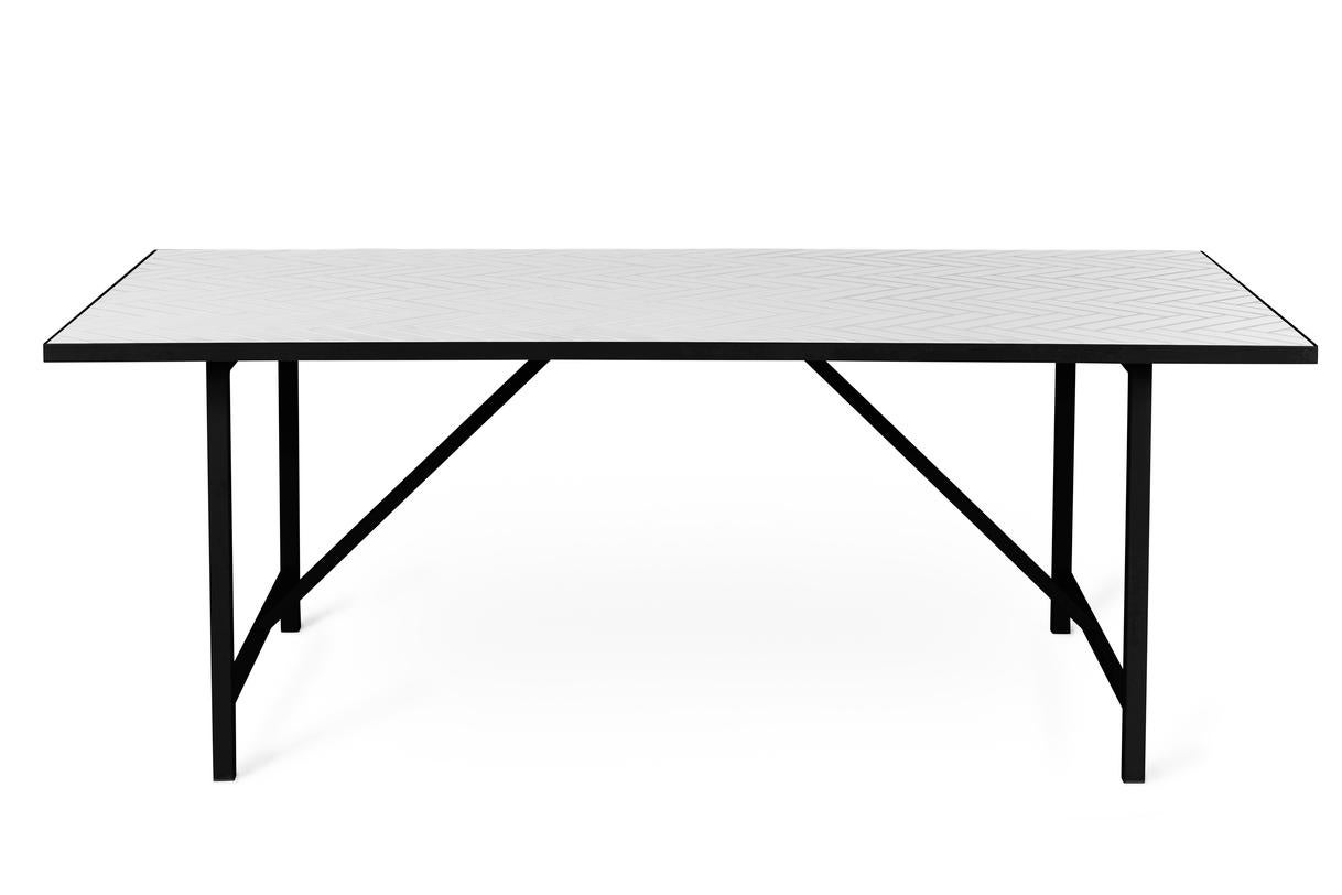 Herringbone tile dining table pure white tiles soft black steel by Warm Nordic
Dimensions: D203 x W107 x H74 cm
Material: Ceramic tiles, MDF, Powder coated steel
Weight: 70 kg
Also available in different colors and dimensions. 

Exclusive