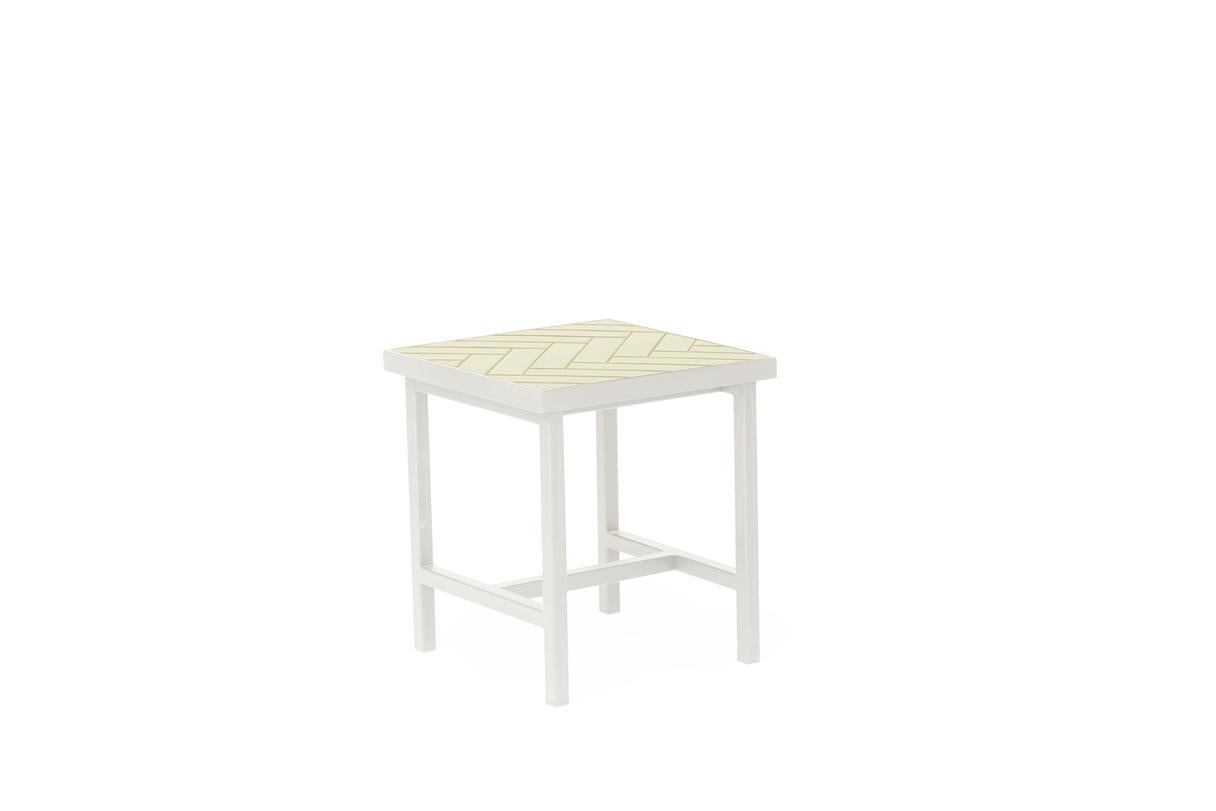 Post-Modern Herringbone Tile Side Table Butter Yellow Warm White Steel by Warm Nordic For Sale