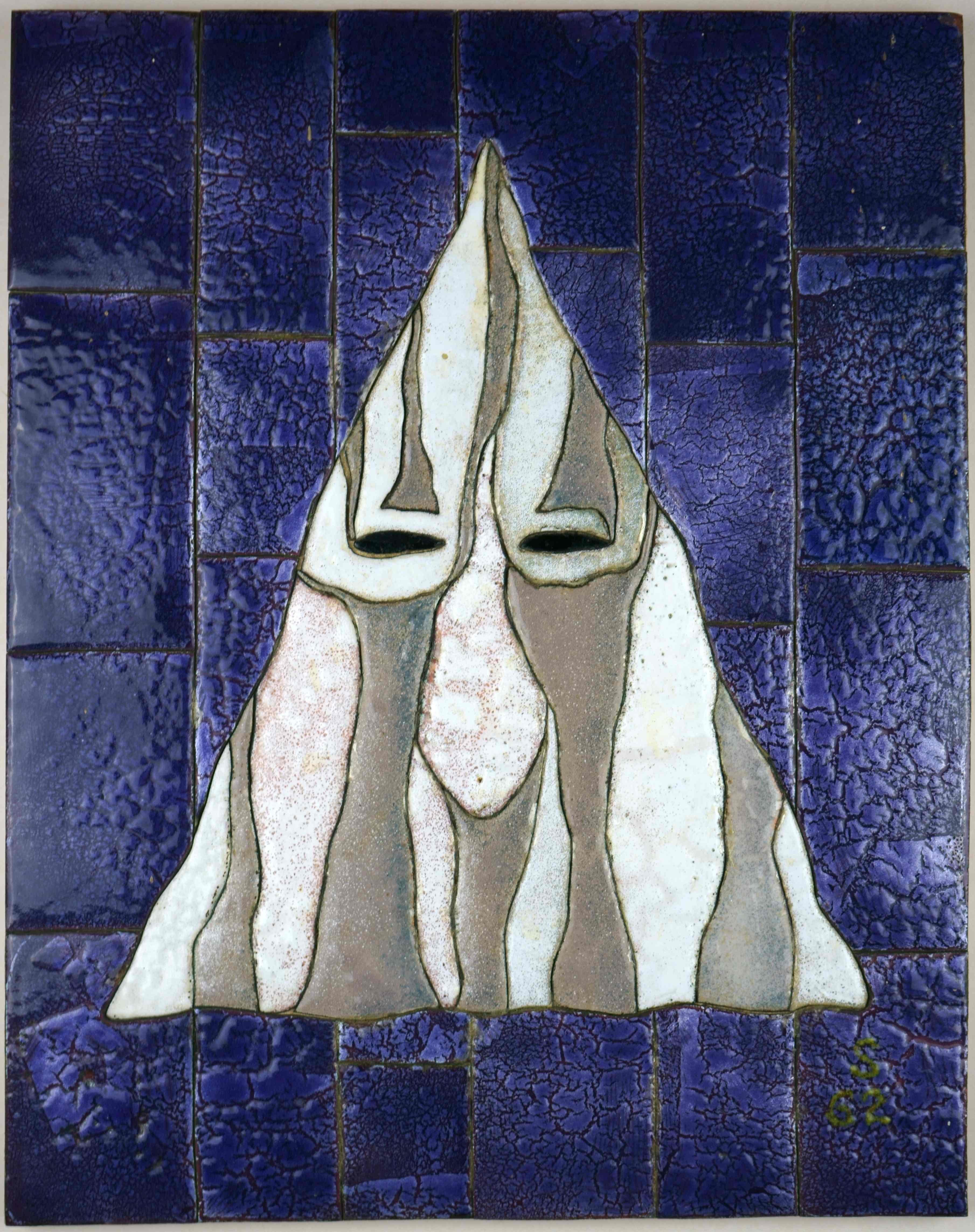 Herrmann Schütte Figurative Painting - White Mask on Violet Ground - Mythic mask mountain - 