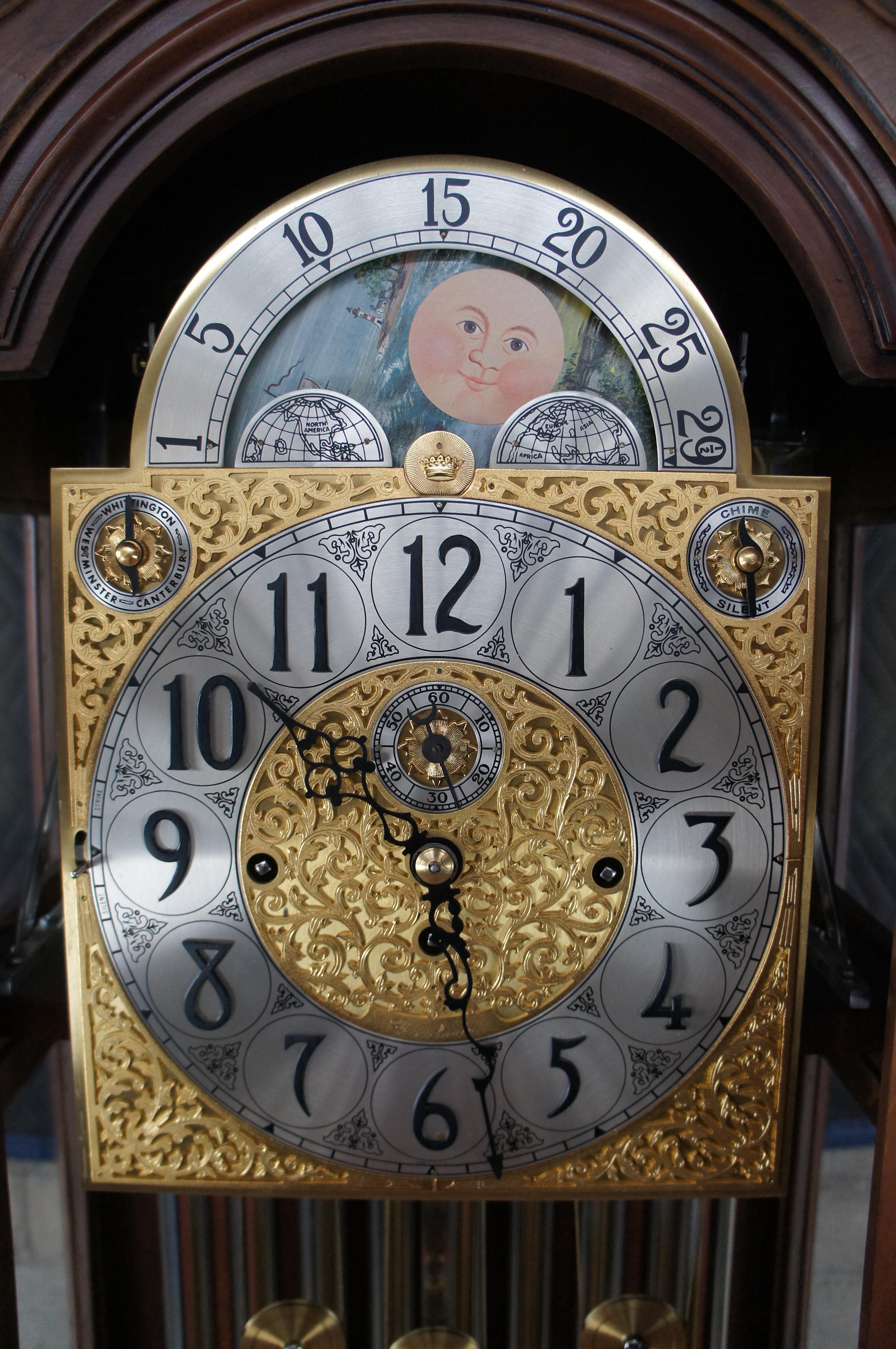 Late 20th Century Herschede Cherry Sheffield Sun & Moon Grandfather Tall Case 9 Tube Hall Clock