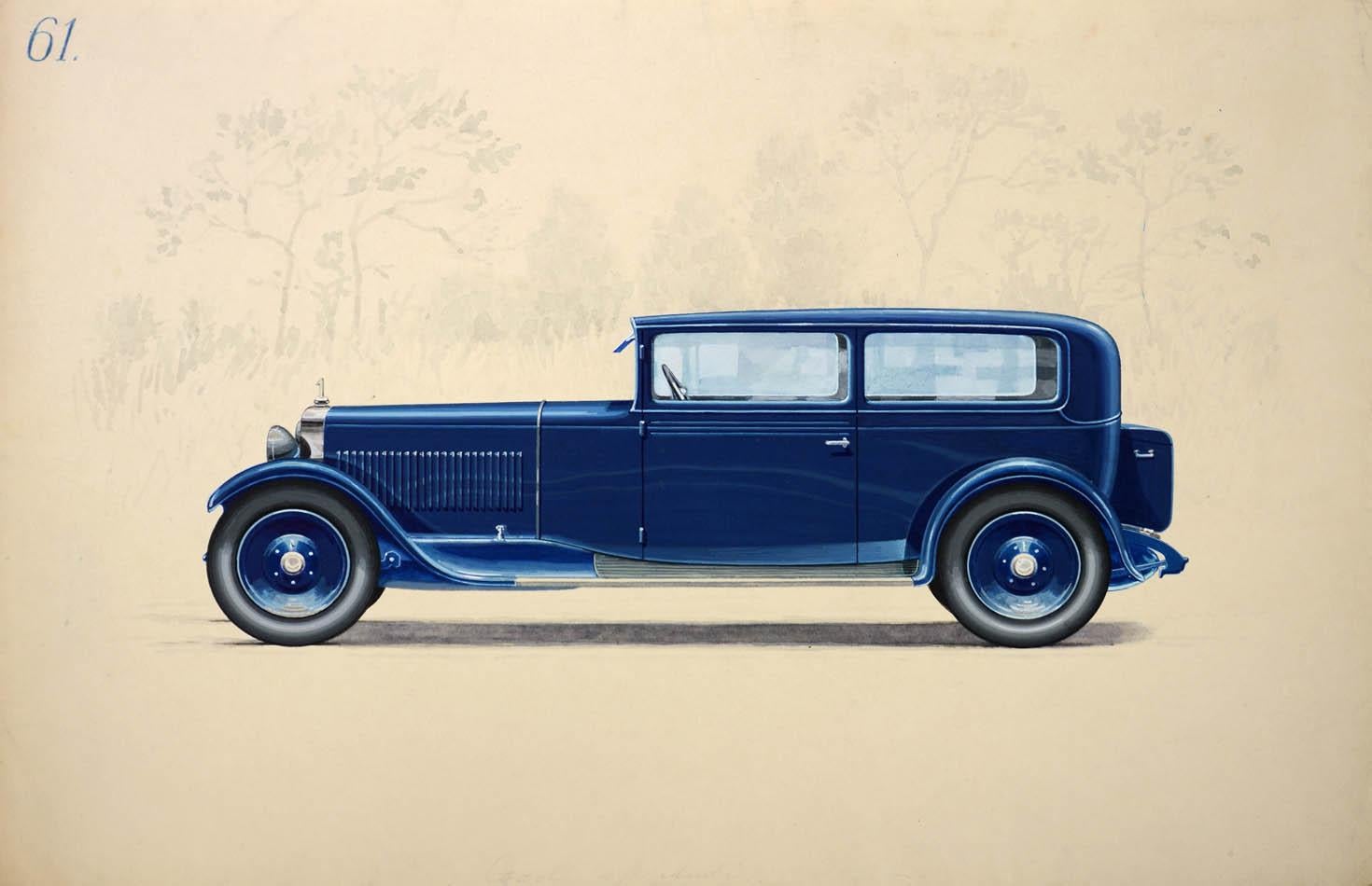 2-door saloon coachwork design by Alexis Kellner AG for Audi Type SS or Type T. - Painting by Herschu (Herbert Schultz)