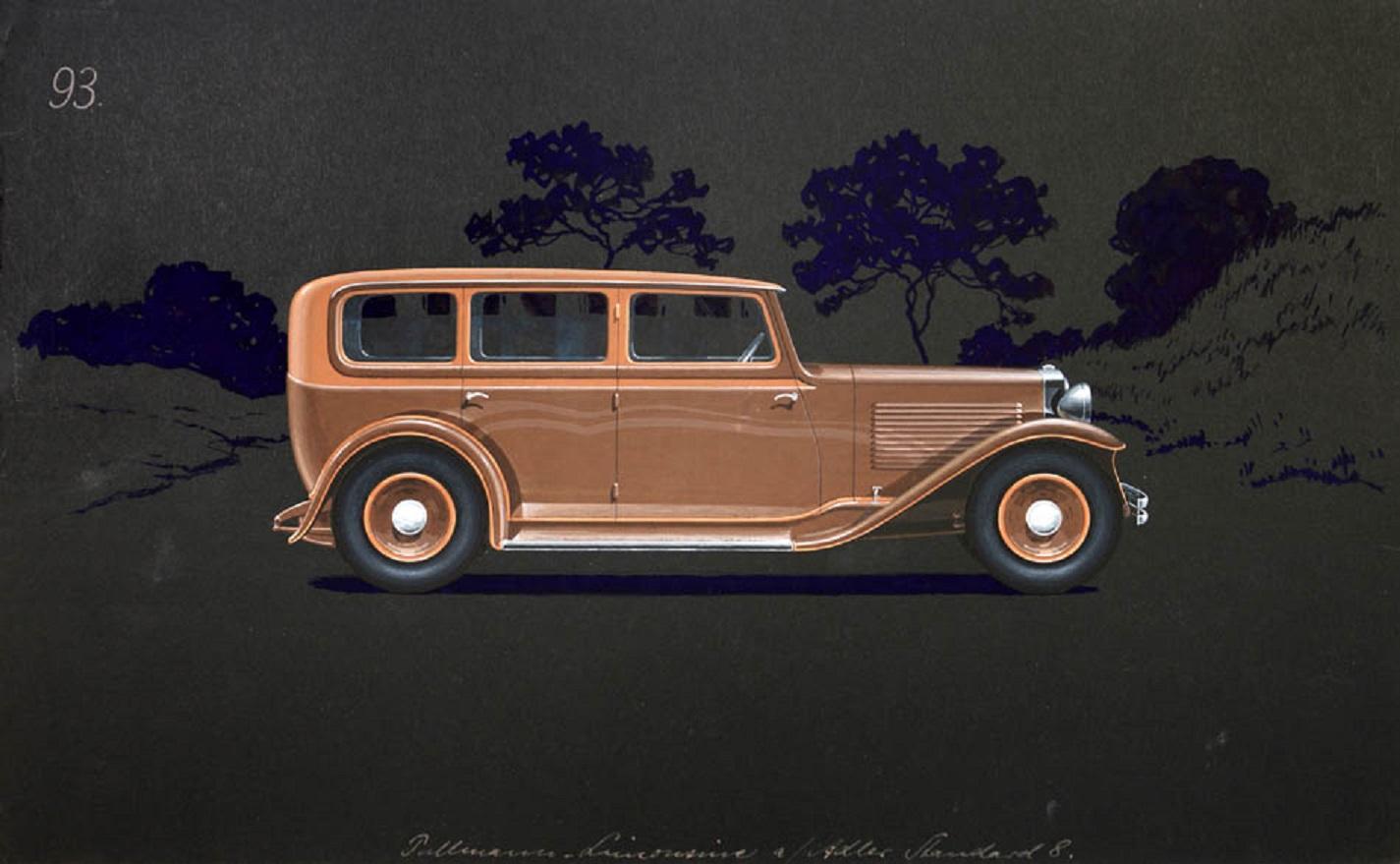 Design automobile d'Alexis Kellner AG Berlin : Pullman Limousine Adler Standard - Painting de Herschu (Herbert Schultz)