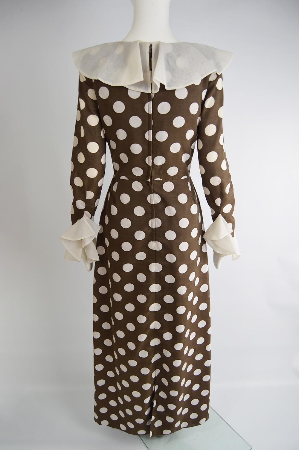 Hershelle Young Mayfair Brown Polka Dot Print Organza Collar Maxi Dress, 1960s In Good Condition In Doncaster, South Yorkshire