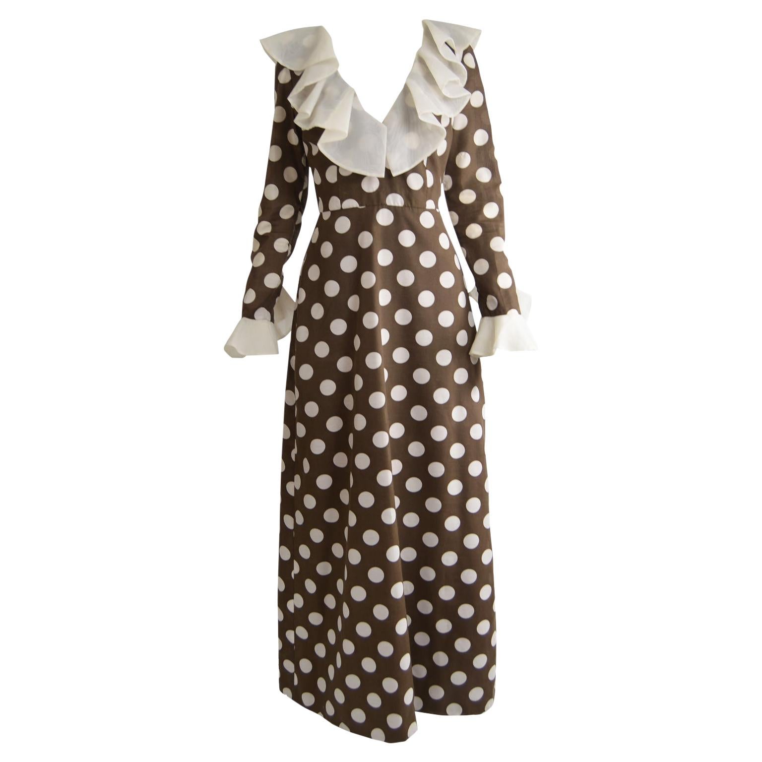 Hershelle Young Mayfair Brown Polka Dot Print Organza Collar Maxi Dress, 1960s