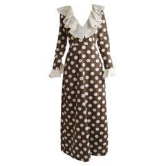 Vintage Hershelle Young Mayfair Brown Polka Dot Print Organza Collar Maxi Dress, 1960s