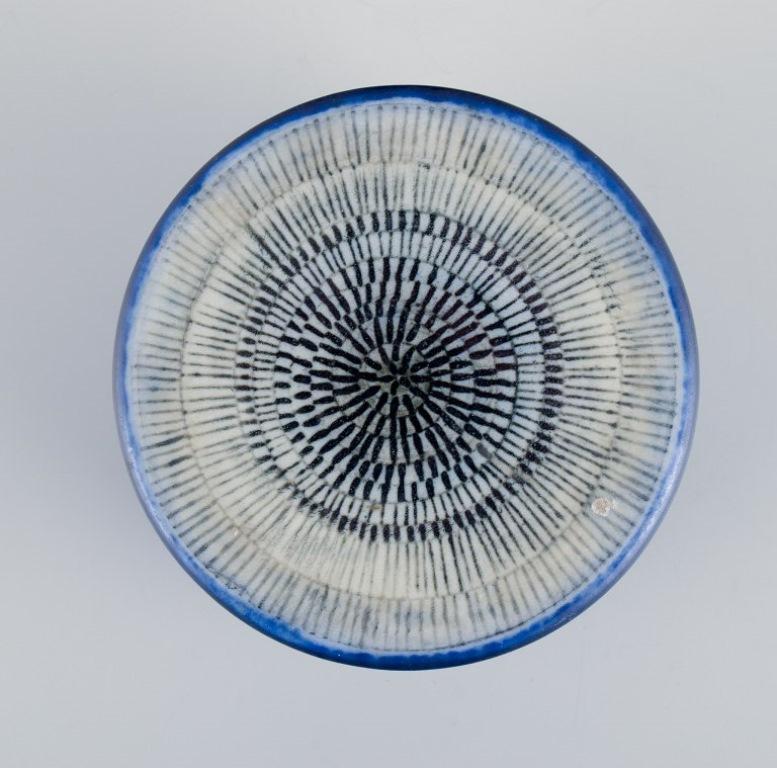Scandinavian Modern Herta Bengtsson for Rörstrand. Rare lidded ceramic jar with blue-toned glaze. 