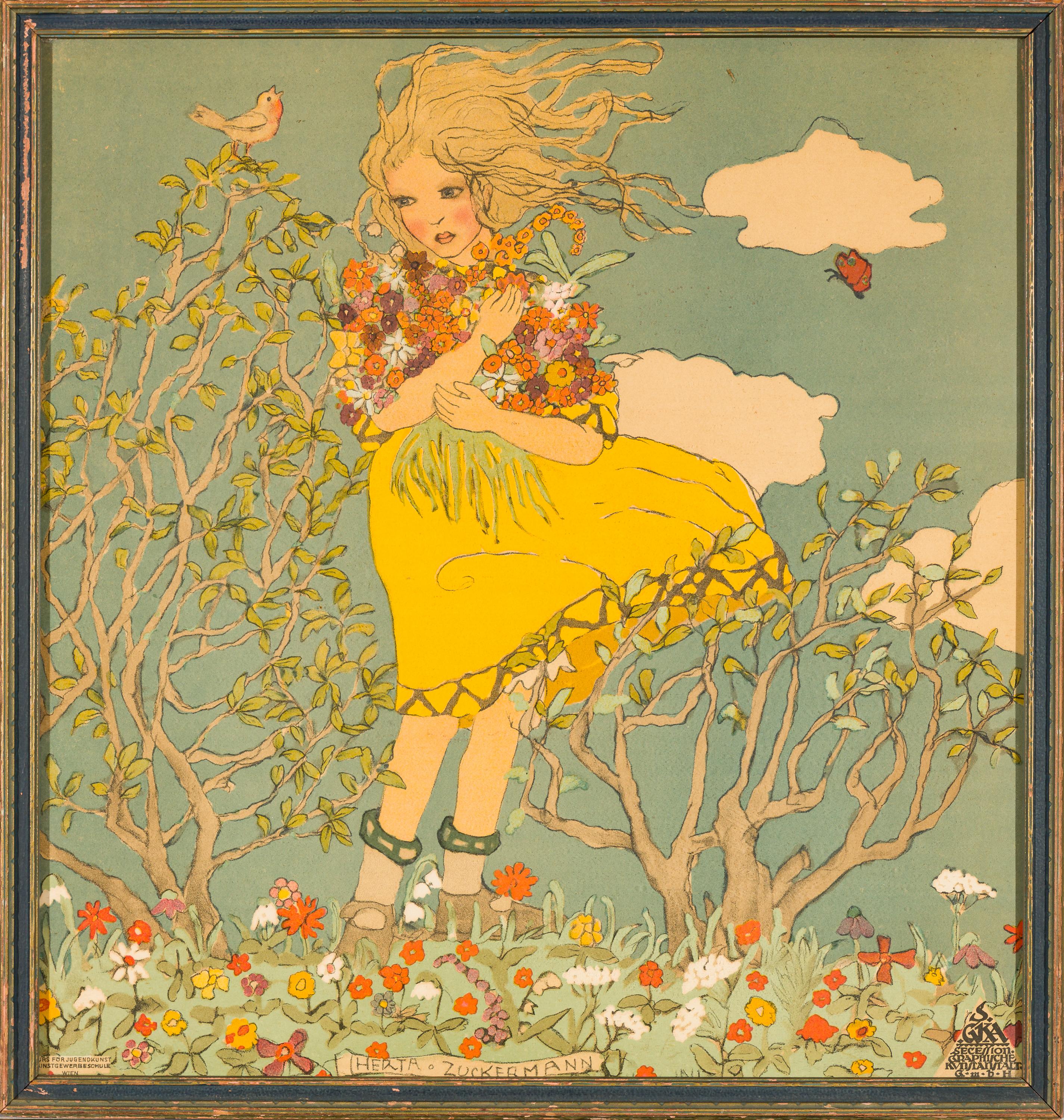 Mädchen mit Blumen / Girl with Flowers - Print by Herta Zuckermann