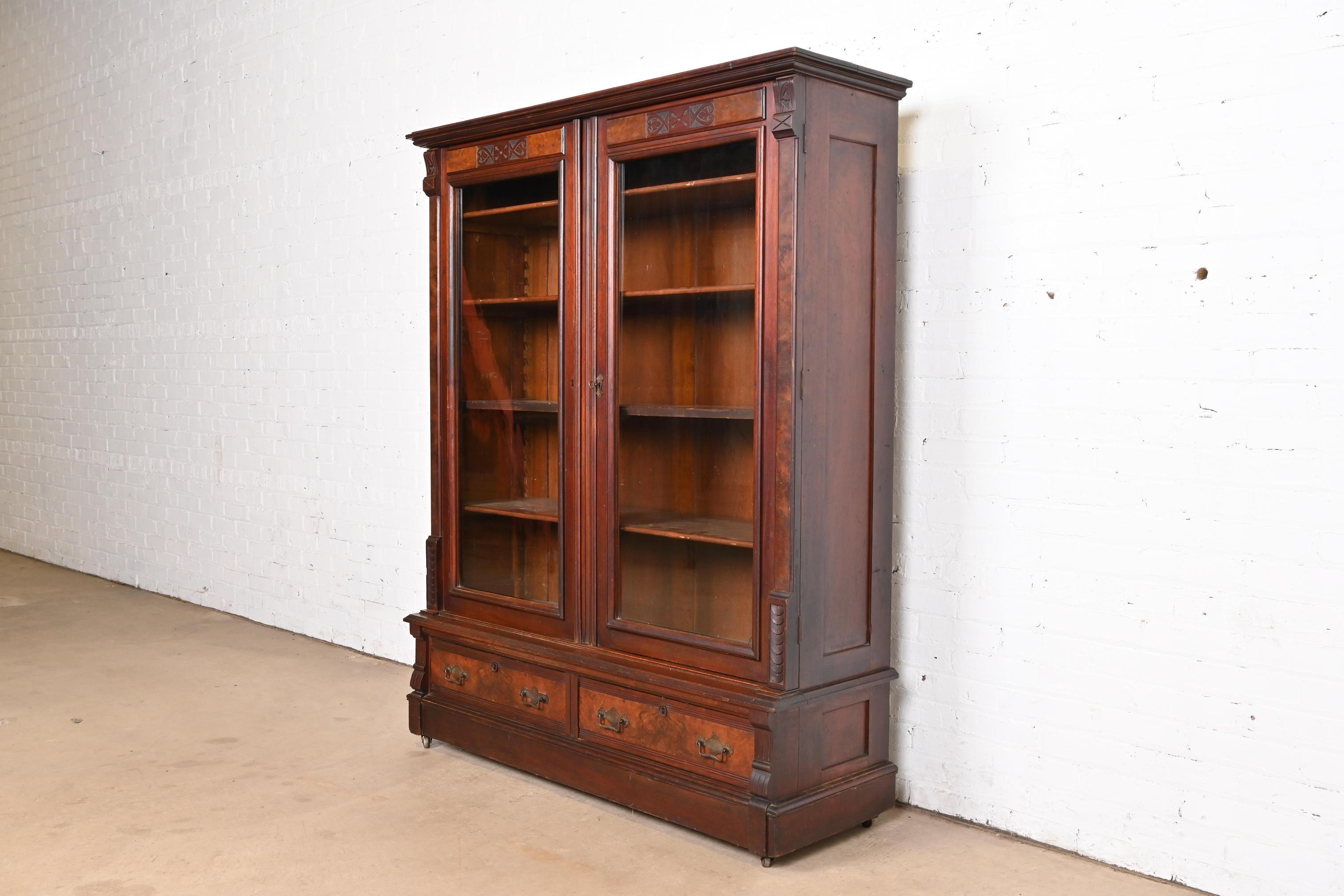 Herter Brothers Style Antique Eastlake Victorian Burl Wood Glass Front Bookcase In Good Condition In South Bend, IN