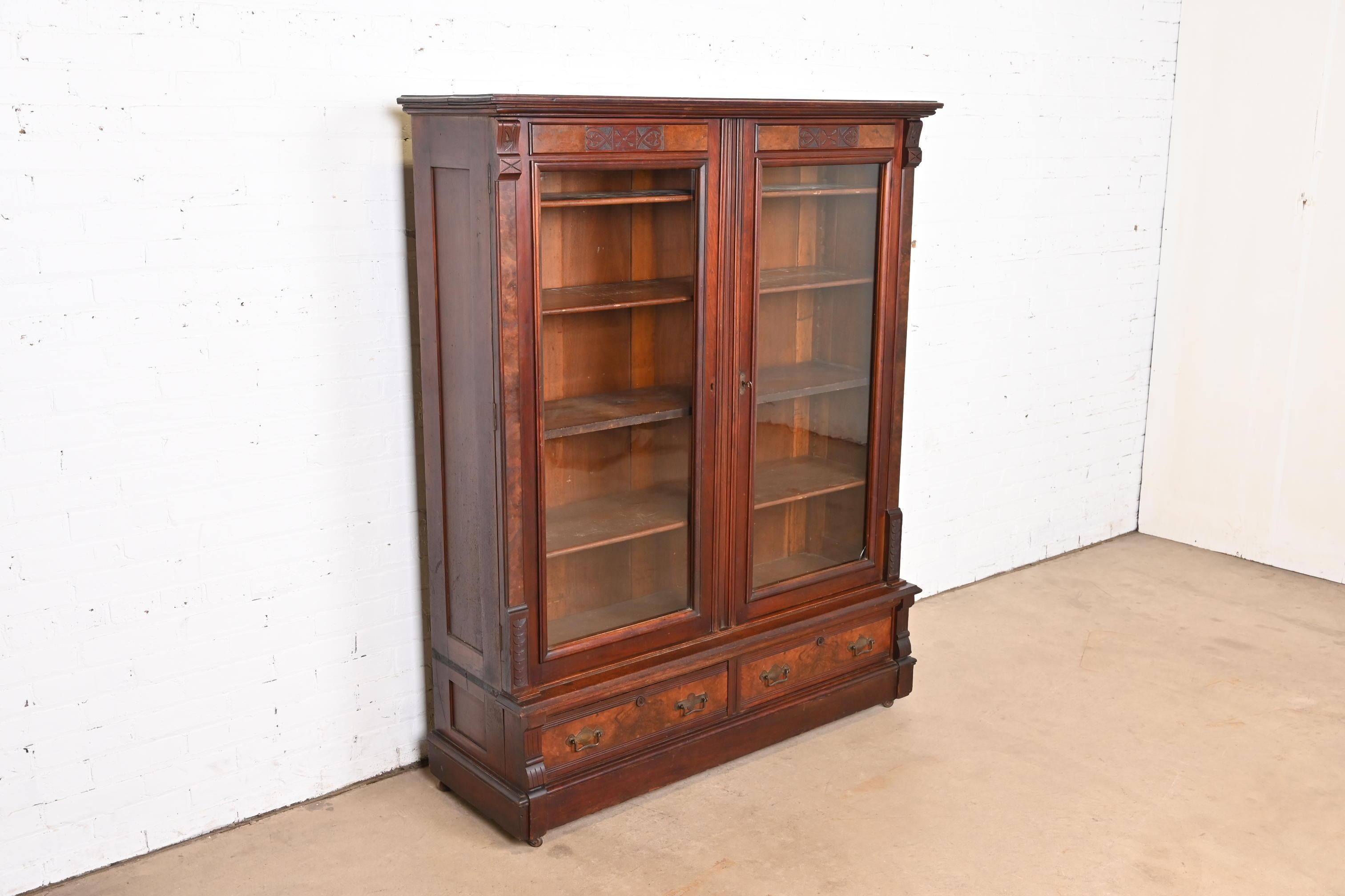 19th Century Herter Brothers Style Antique Eastlake Victorian Burl Wood Glass Front Bookcase