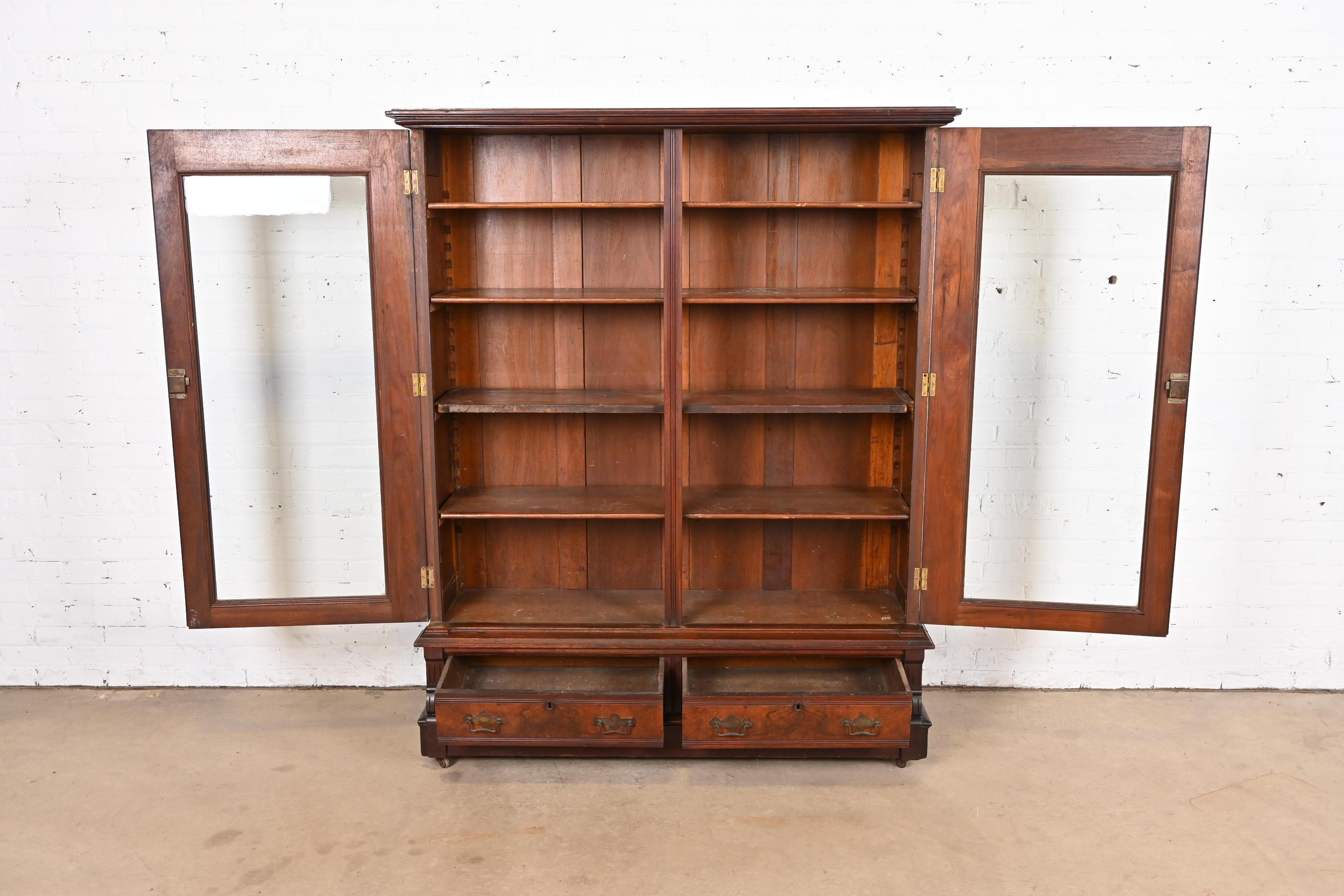 Brass Herter Brothers Style Antique Eastlake Victorian Burl Wood Glass Front Bookcase