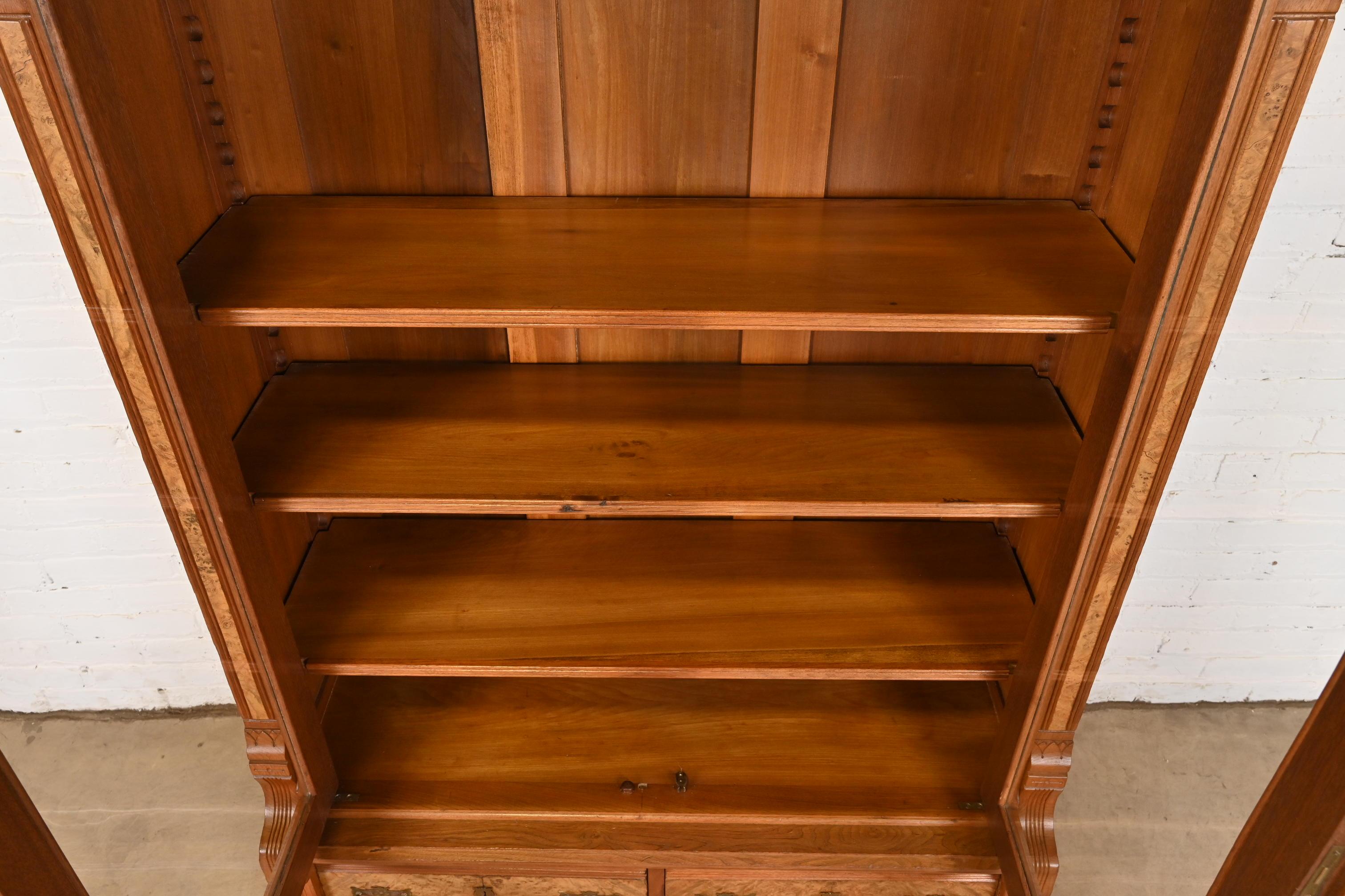Herter Brothers Style Antique Eastlake Victorian Burled Walnut Bookcase, 1860s 4