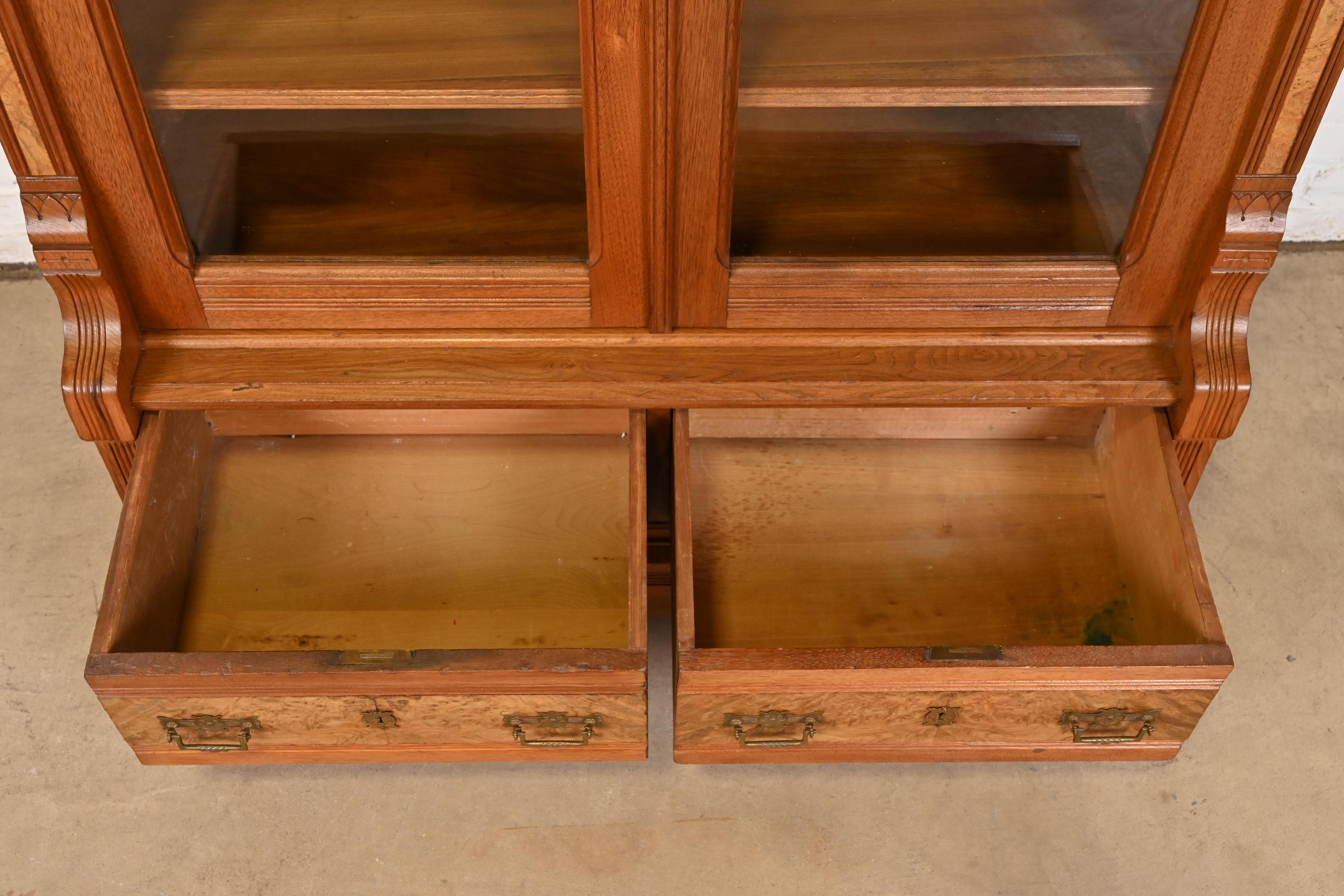 Herter Brothers Style Antique Eastlake Victorian Burled Walnut Bookcase, 1860s 5