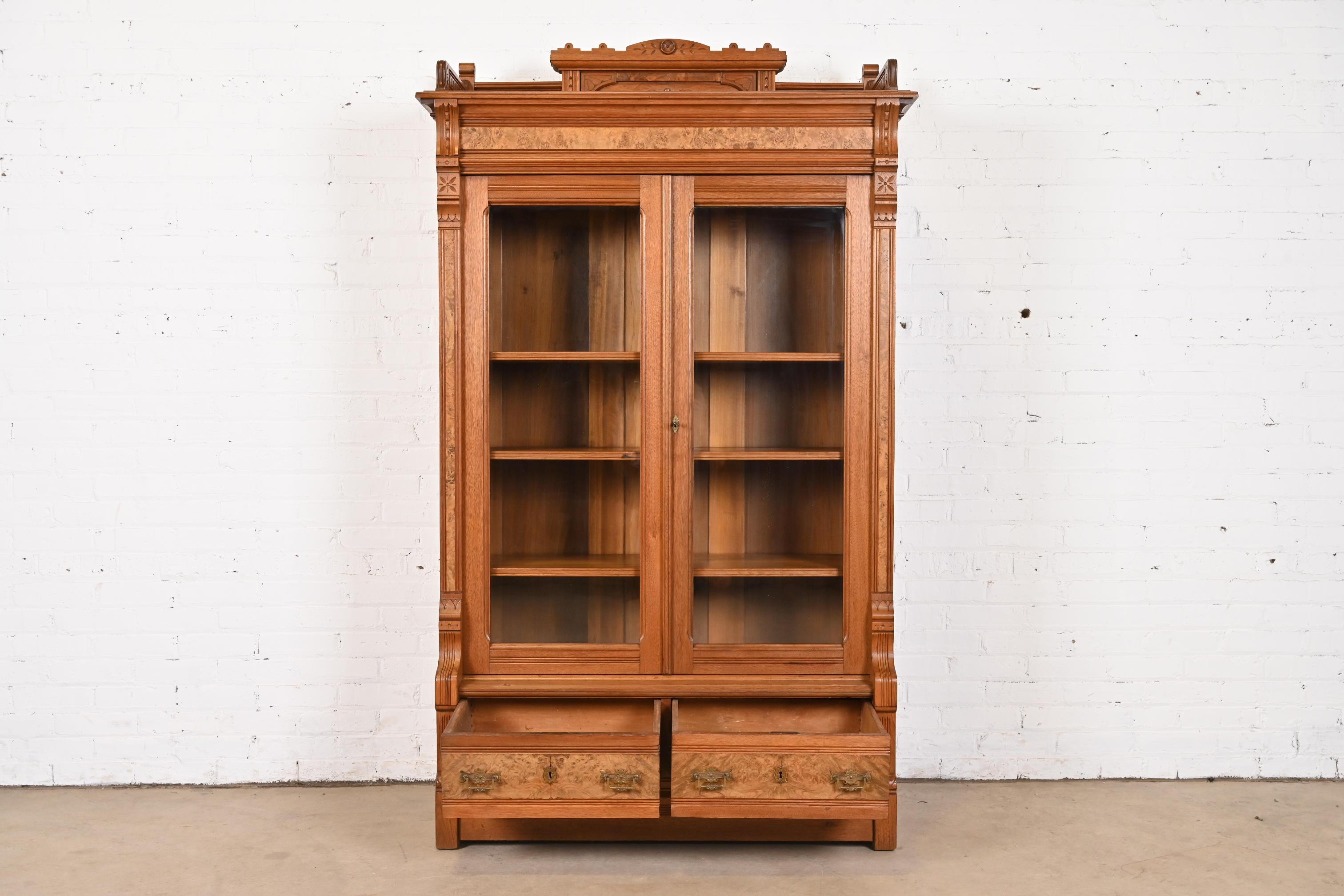 Herter Brothers Style Antique Eastlake Victorian Burled Walnut Bookcase, 1860s 6
