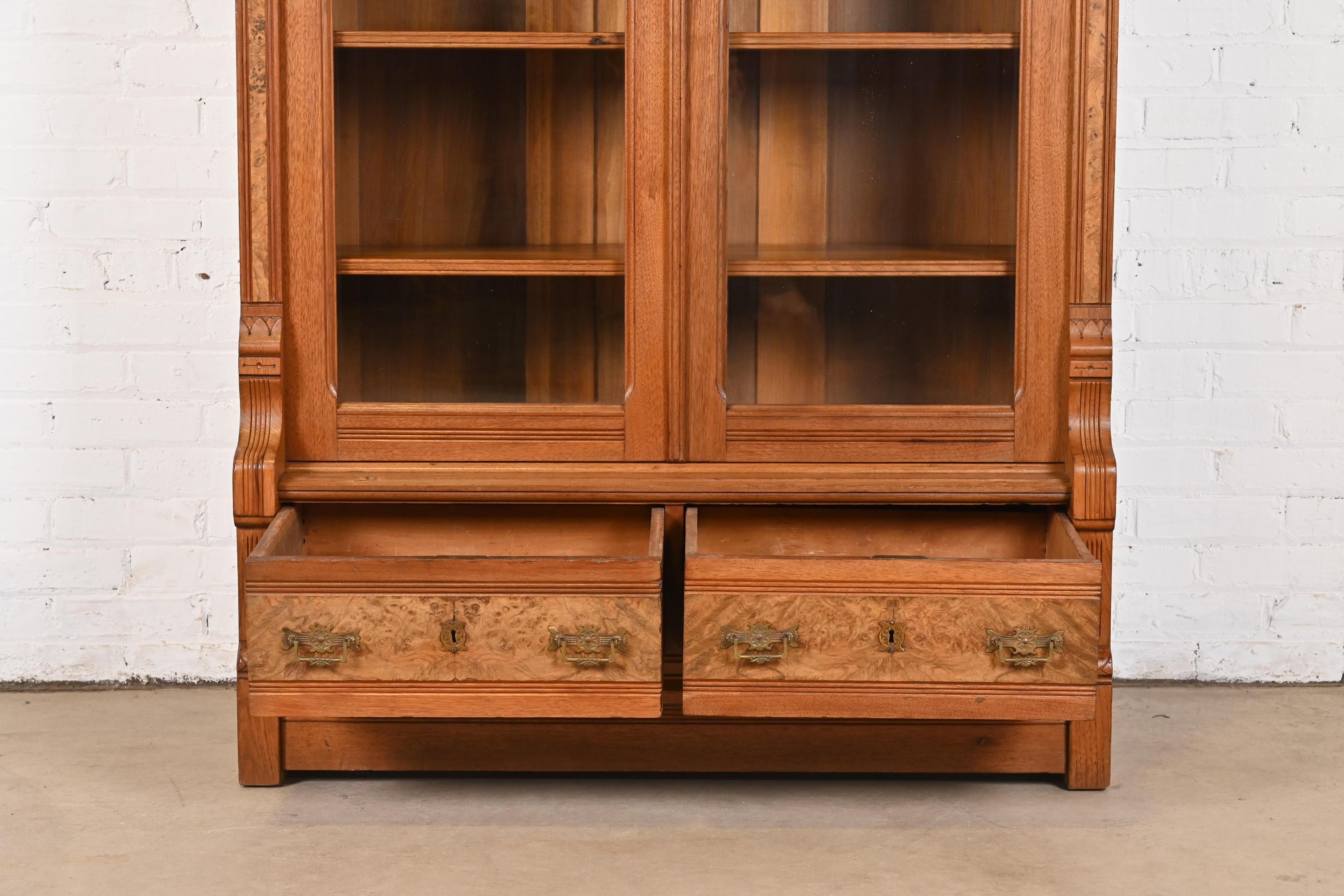 Herter Brothers Style Antique Eastlake Victorian Burled Walnut Bookcase, 1860s 7