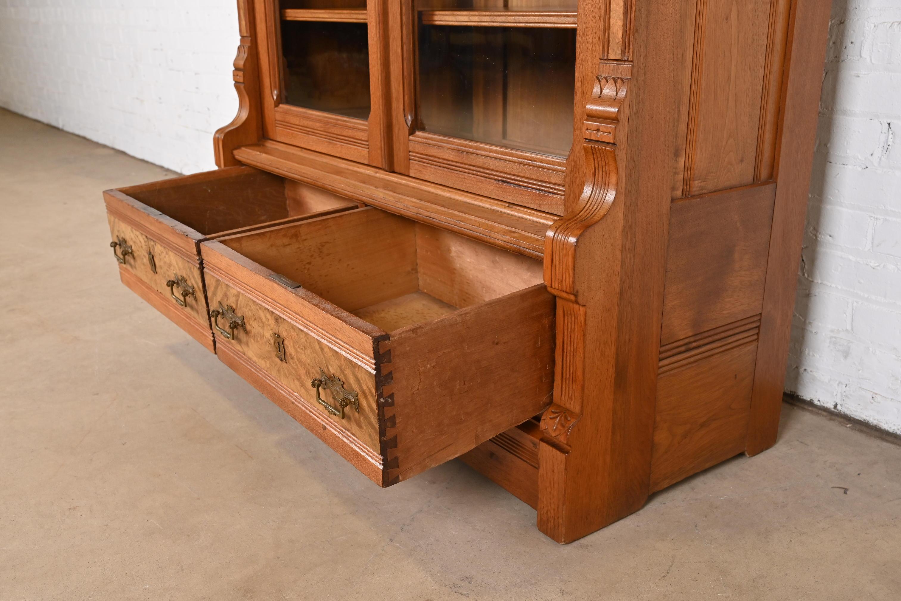 Herter Brothers Style Antique Eastlake Victorian Burled Walnut Bookcase, 1860s 8