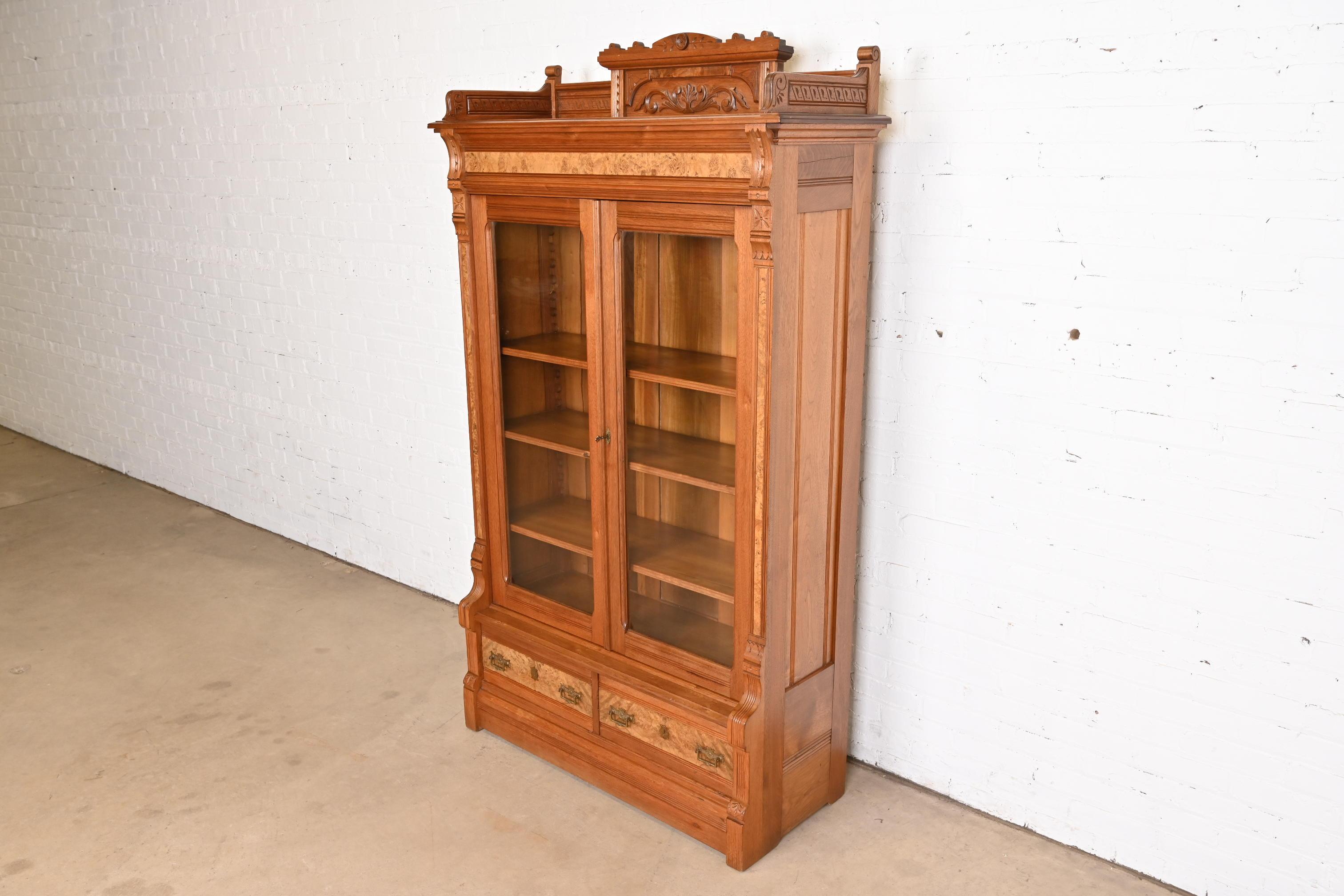 American Herter Brothers Style Antique Eastlake Victorian Burled Walnut Bookcase, 1860s