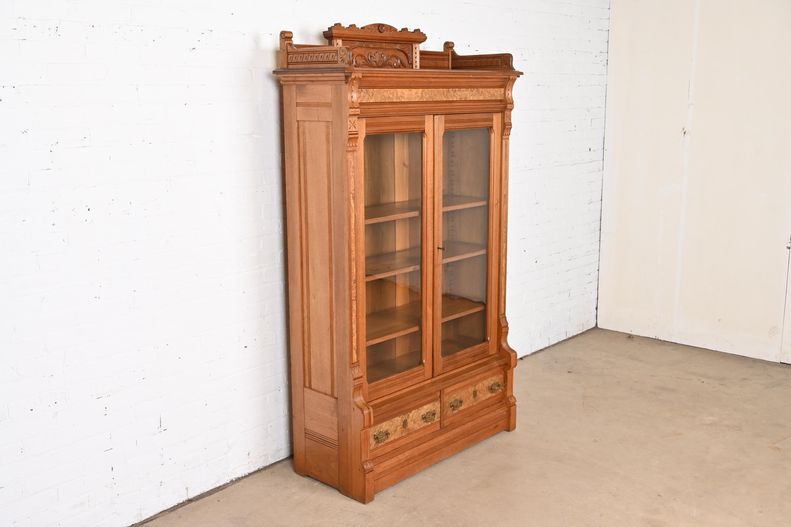Herter Brothers Style Antique Eastlake Victorian Burled Walnut Bookcase, 1860s In Good Condition In South Bend, IN