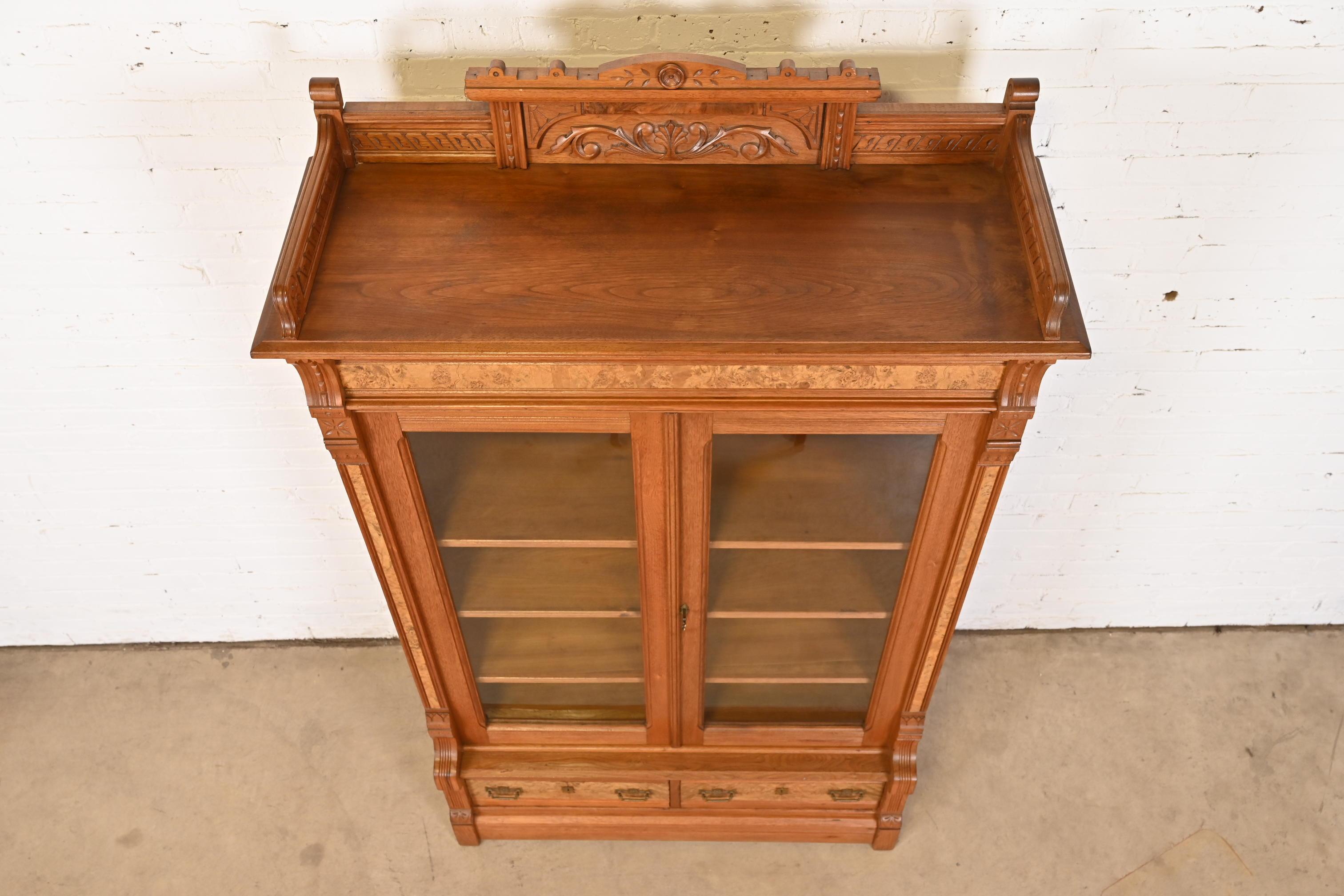 19th Century Herter Brothers Style Antique Eastlake Victorian Burled Walnut Bookcase, 1860s
