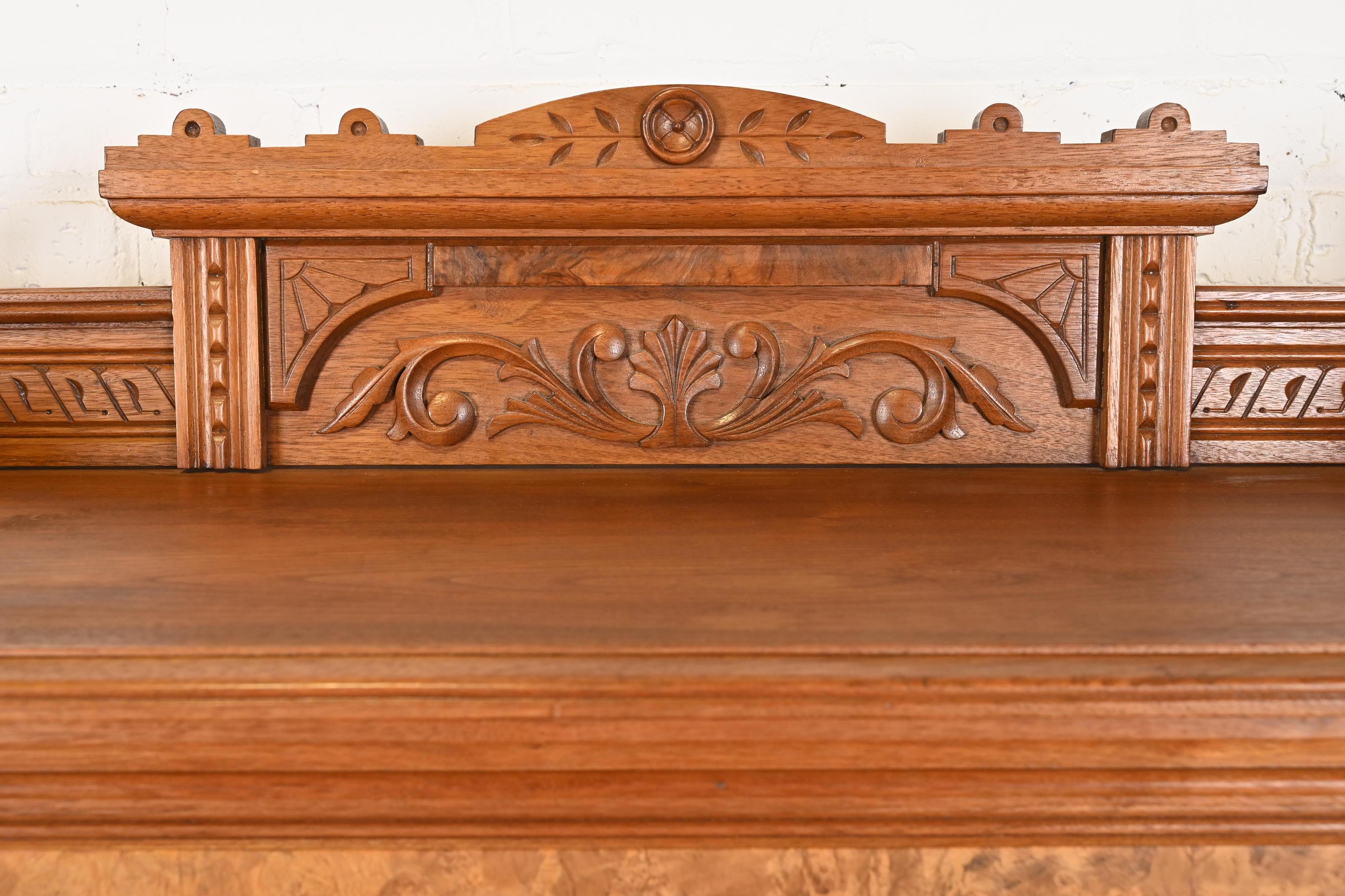 Herter Brothers Style Antique Eastlake Victorian Burled Walnut Bookcase, 1860s 1