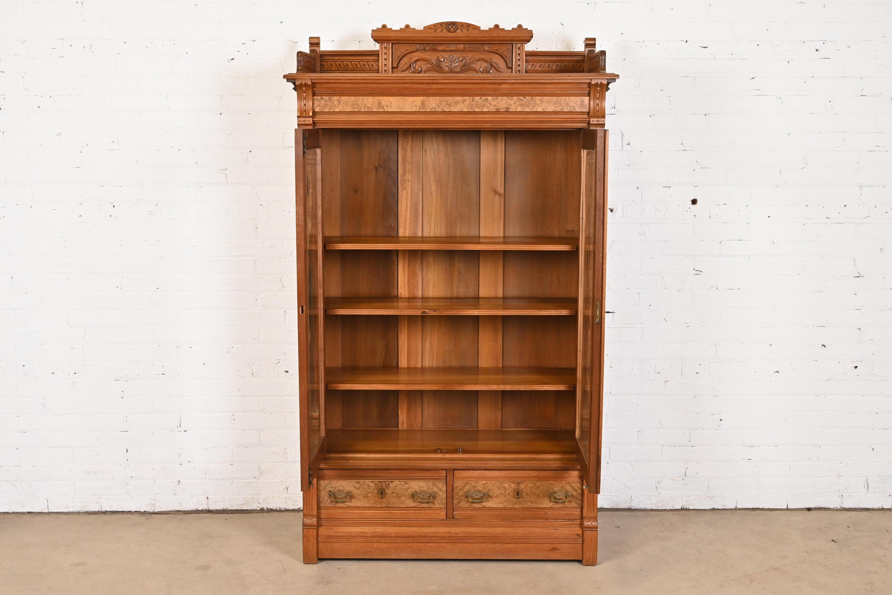 Herter Brothers Style Antique Eastlake Victorian Burled Walnut Bookcase, 1860s 3